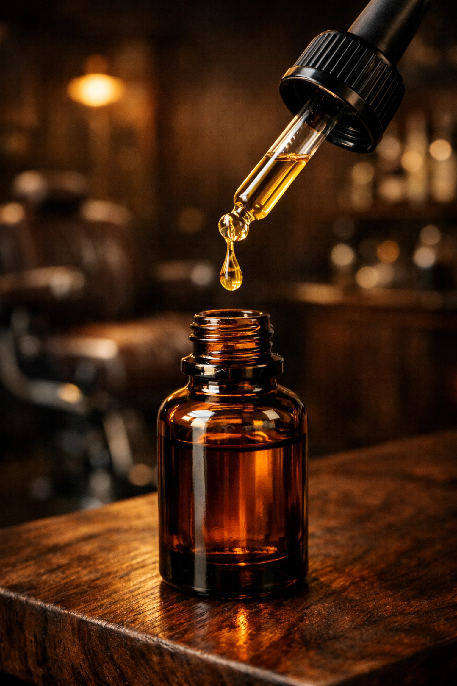 Premium parfum extrait beard oil dripping from an amber glass dropper in a luxury grooming setting.