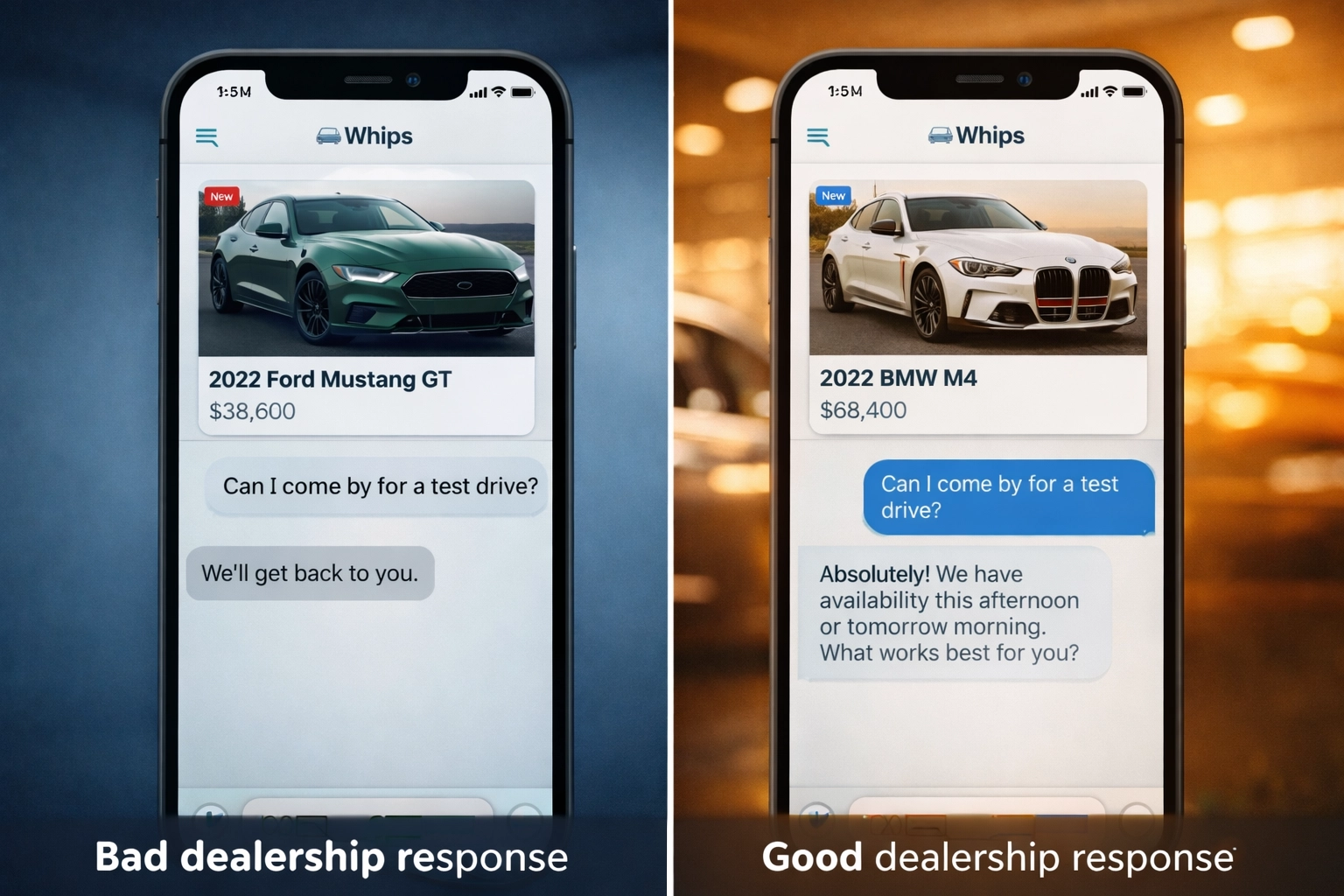 Car buyer reactions to good vs bad dealership responses on mobile