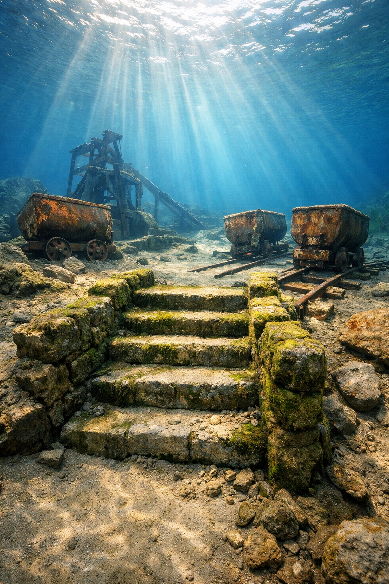 Kristallklares Wasser im Goitzschesee beleuchtet versunkene Bergbau-Strukturen und Treppen am Seegrund.