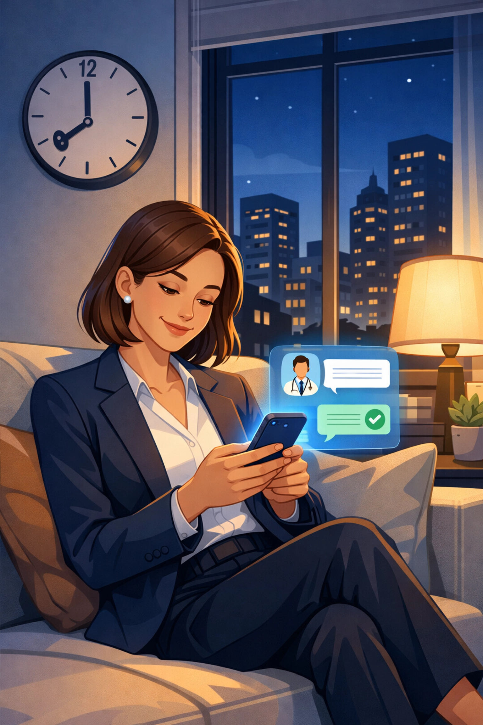 Professional woman texting with online doctor from home couch after work hours
