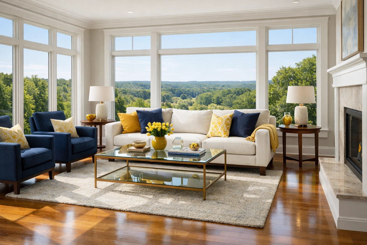 Spotless Lincoln living room with clean hardwood floors and baseboards after a professional deep cleaning service.