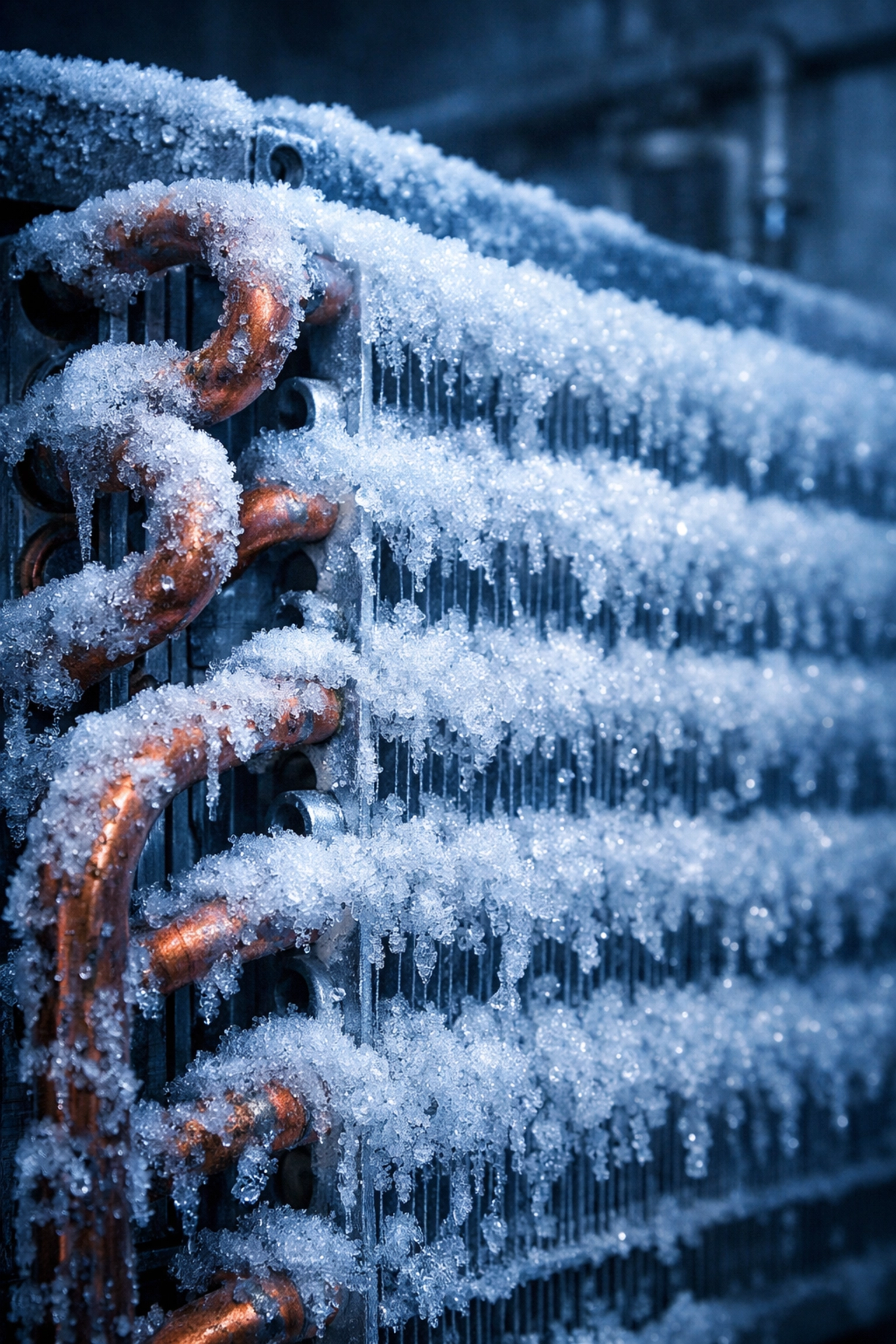 Close-up of a frozen AC evaporator coil caused by a dirty air filter resulting in water leaks.
