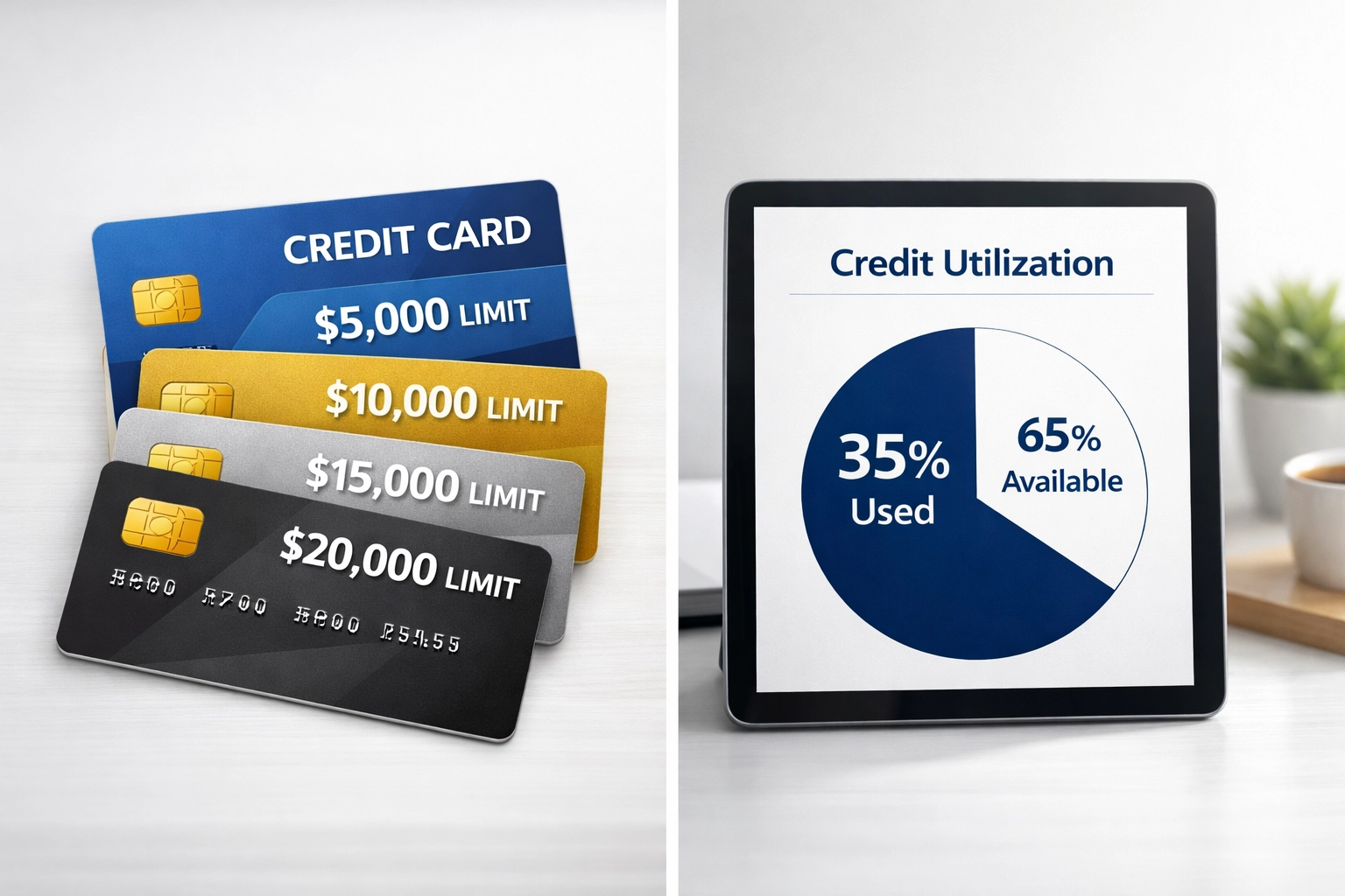 Credit cards and tablet displaying credit utilization percentage chart