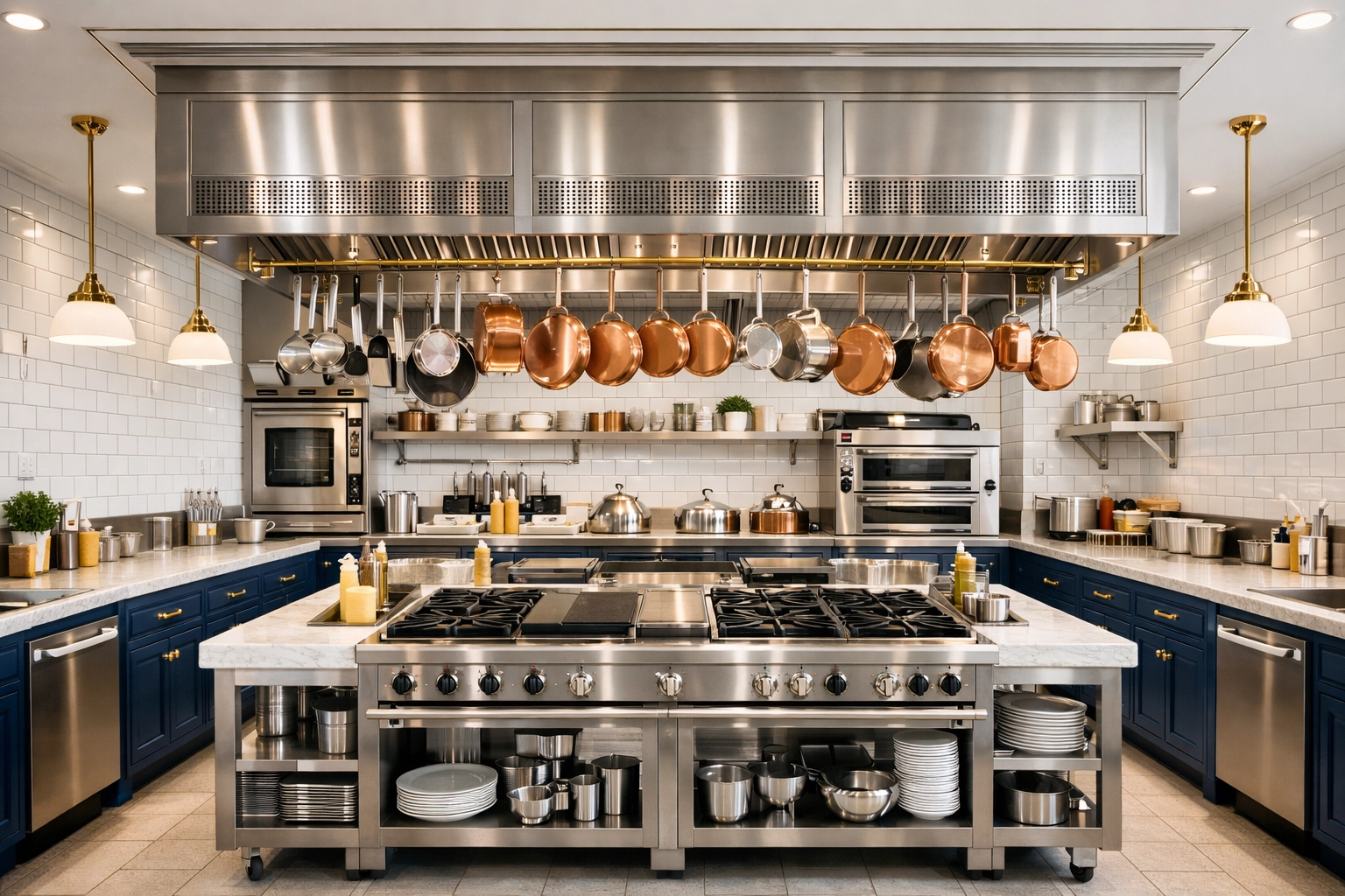 A fully sanitized, sparkling commercial kitchen environment after professional restaurant deep cleaning services.