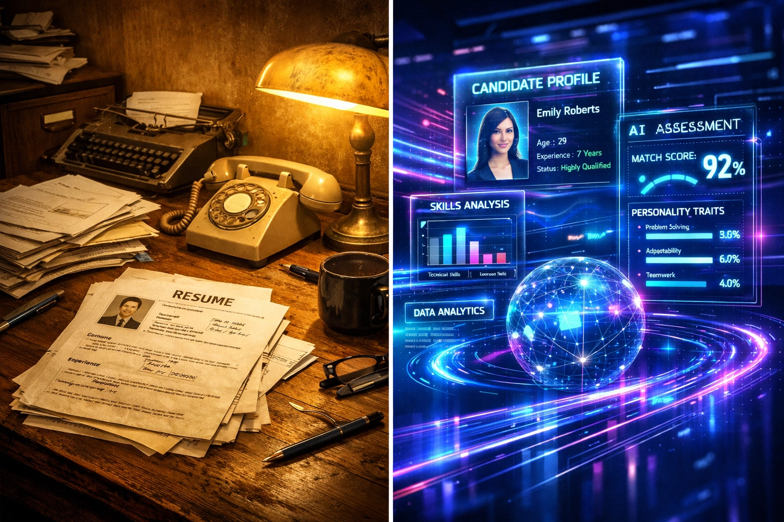 Traditional paper resume hiring vs modern AI-powered candidate assessment platform comparison