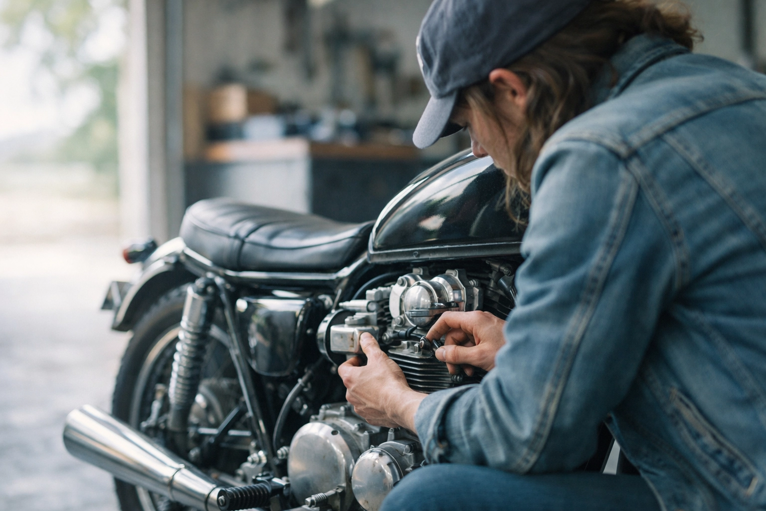 Person repairing motorcycle during Remix Recovery peer support group activity