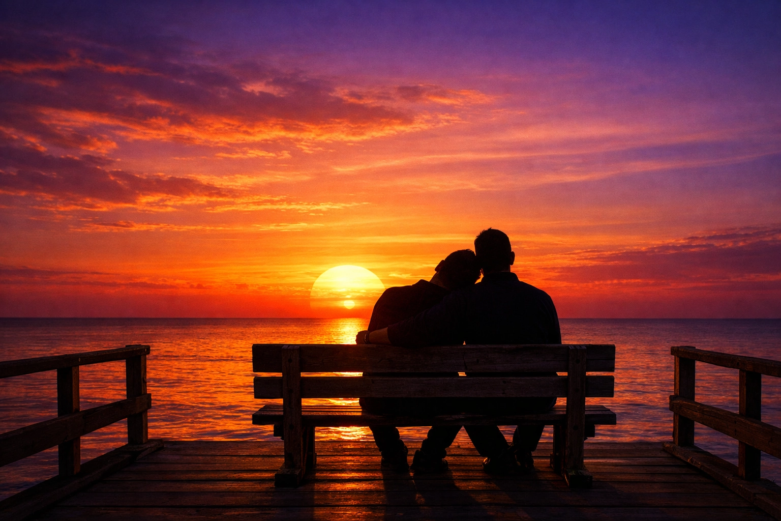 Romantic silhouette of a gay couple watching a sunset together, representing a hopeful future.