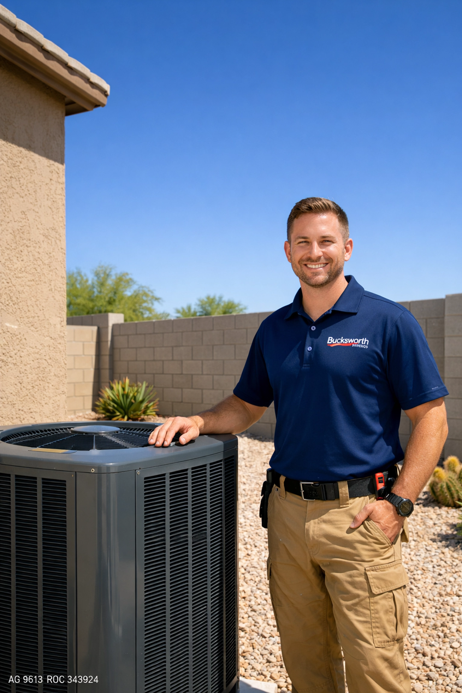 Professional Bucksworth HVAC technician inspecting a Phoenix AC unit for an annual maintenance tune-up.