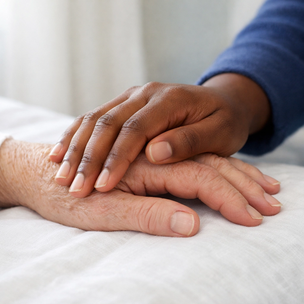 Caregiver's hand on a senior's hand, symbolizing the trust and security of consistent private pay home care.