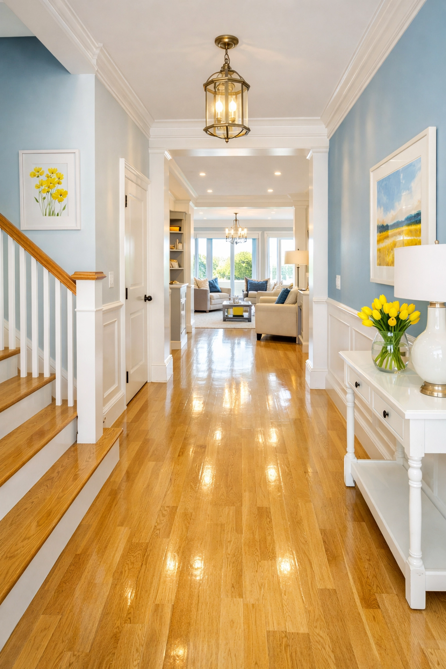 Bright residential hallway with polished floors reflecting high-quality house cleaning Lowell MA results.