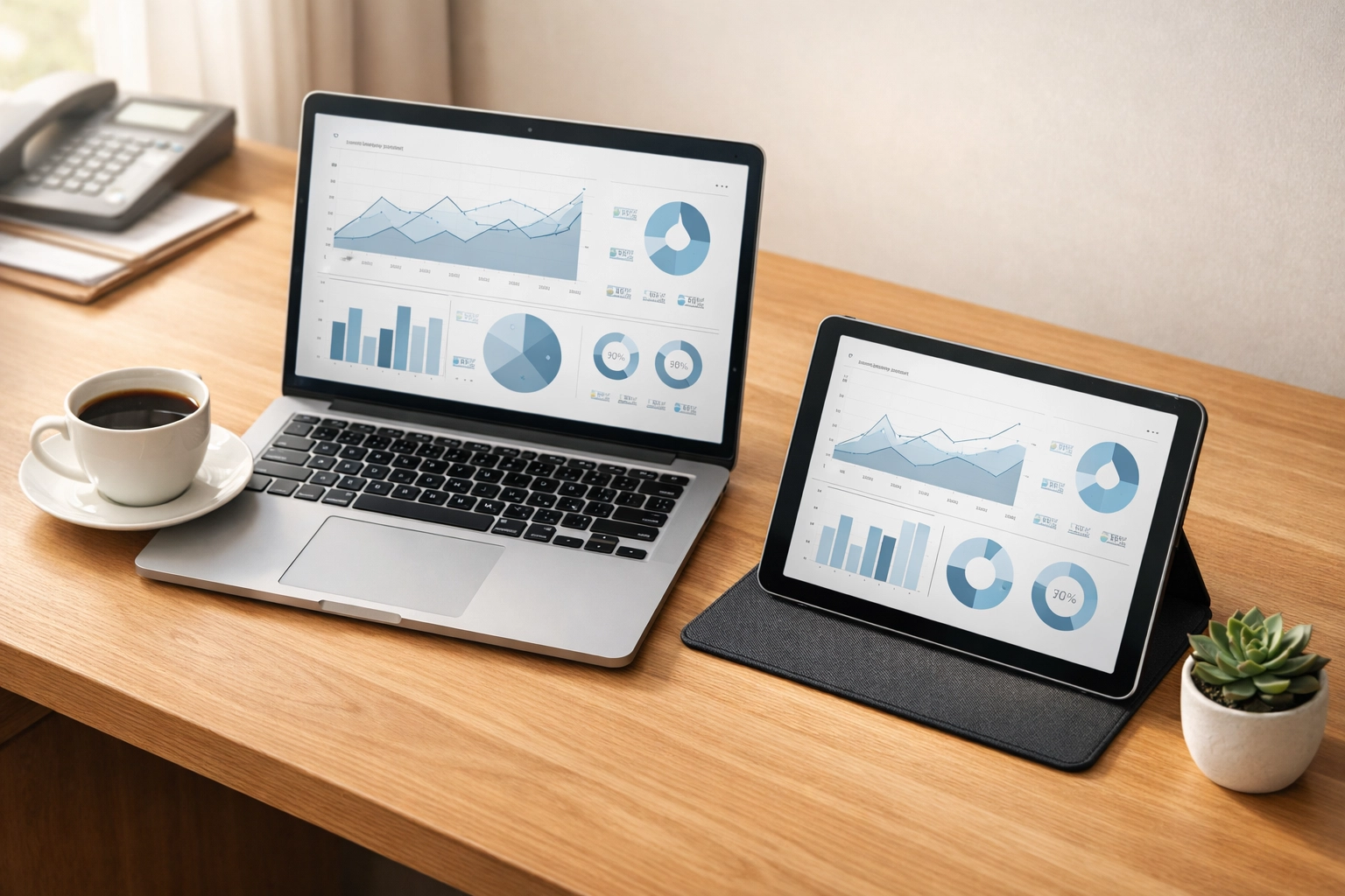 A hotel back office desk with a laptop showing integrated CRM data visualizations for guest management.