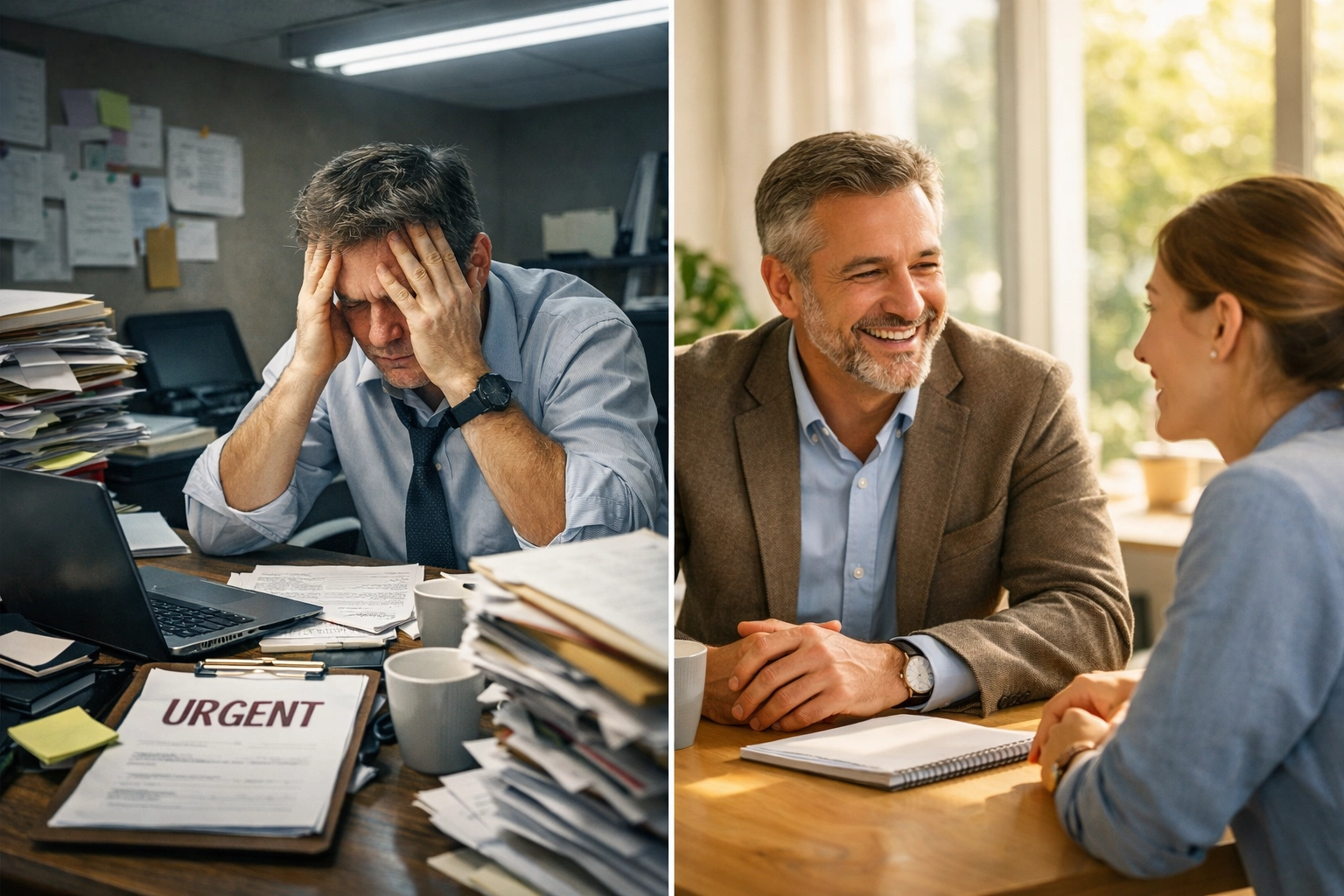 Contrast between stressed manager and calm leader mentoring team member