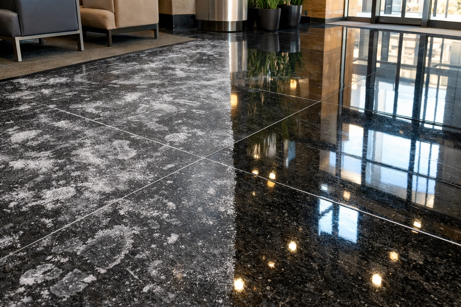 Restored commercial lobby floor demonstrating salt residue removal after a Midwest winter property reset.