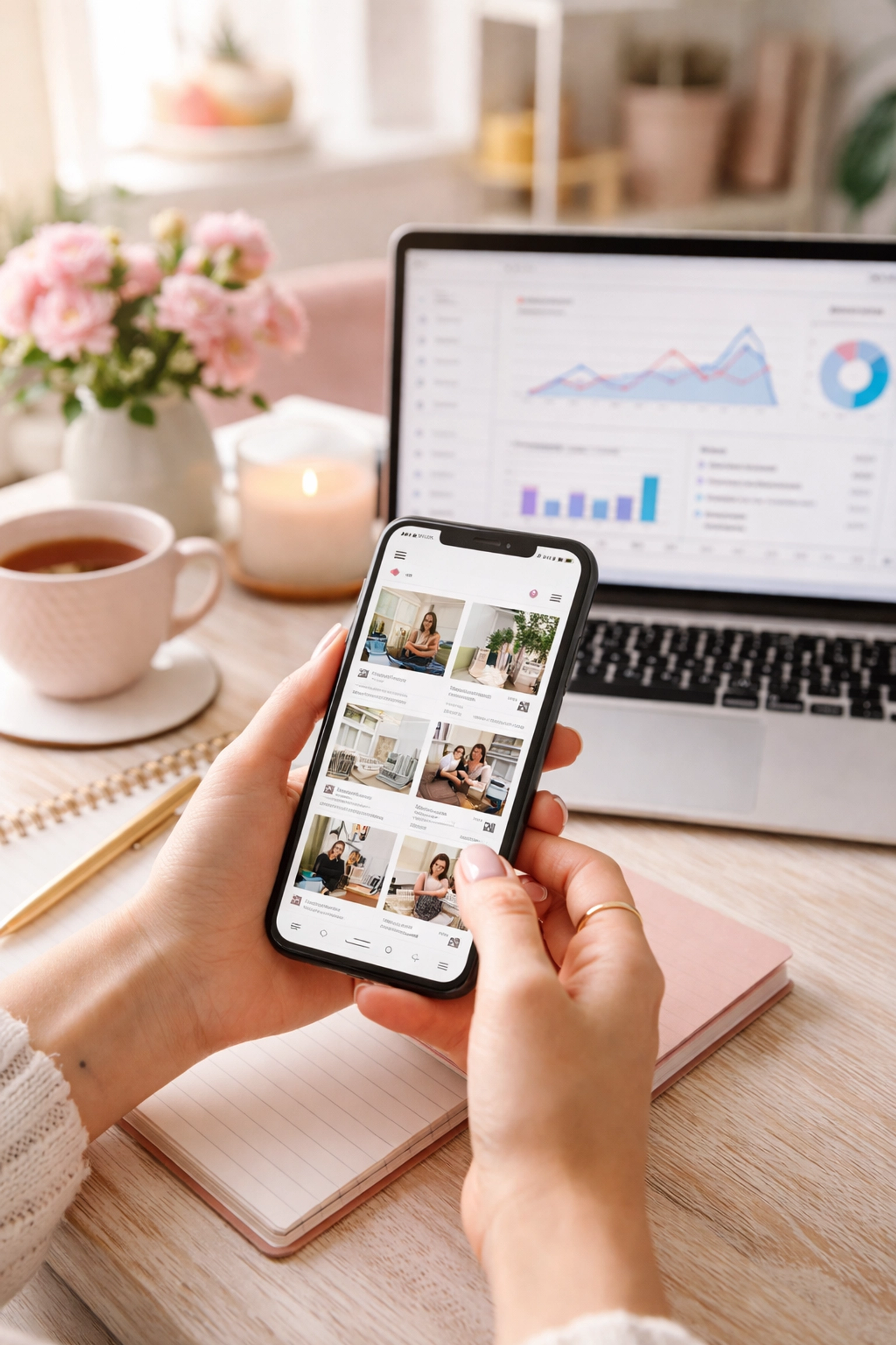 Hands checking social media analytics on smartphone and laptop in a cozy workspace