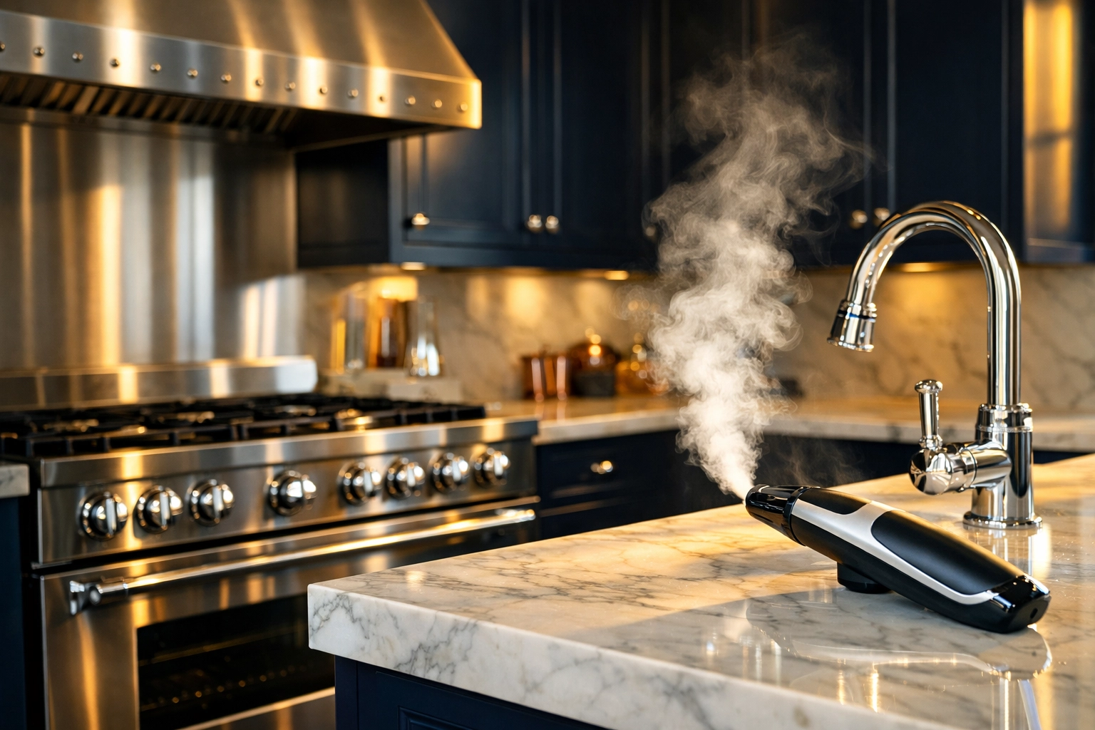 Steam cleaning a luxury Hamilton estate kitchen for a streak-free professional finish.