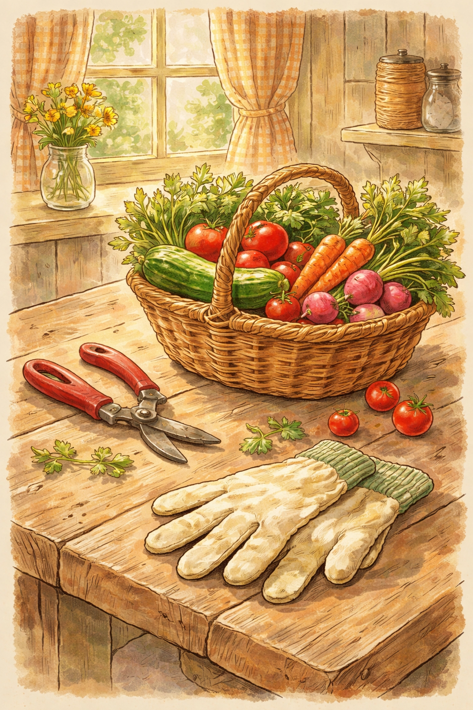 Harvesting tools and a basket of vegetables on a farmhouse table for picking crops from a vertical garden.