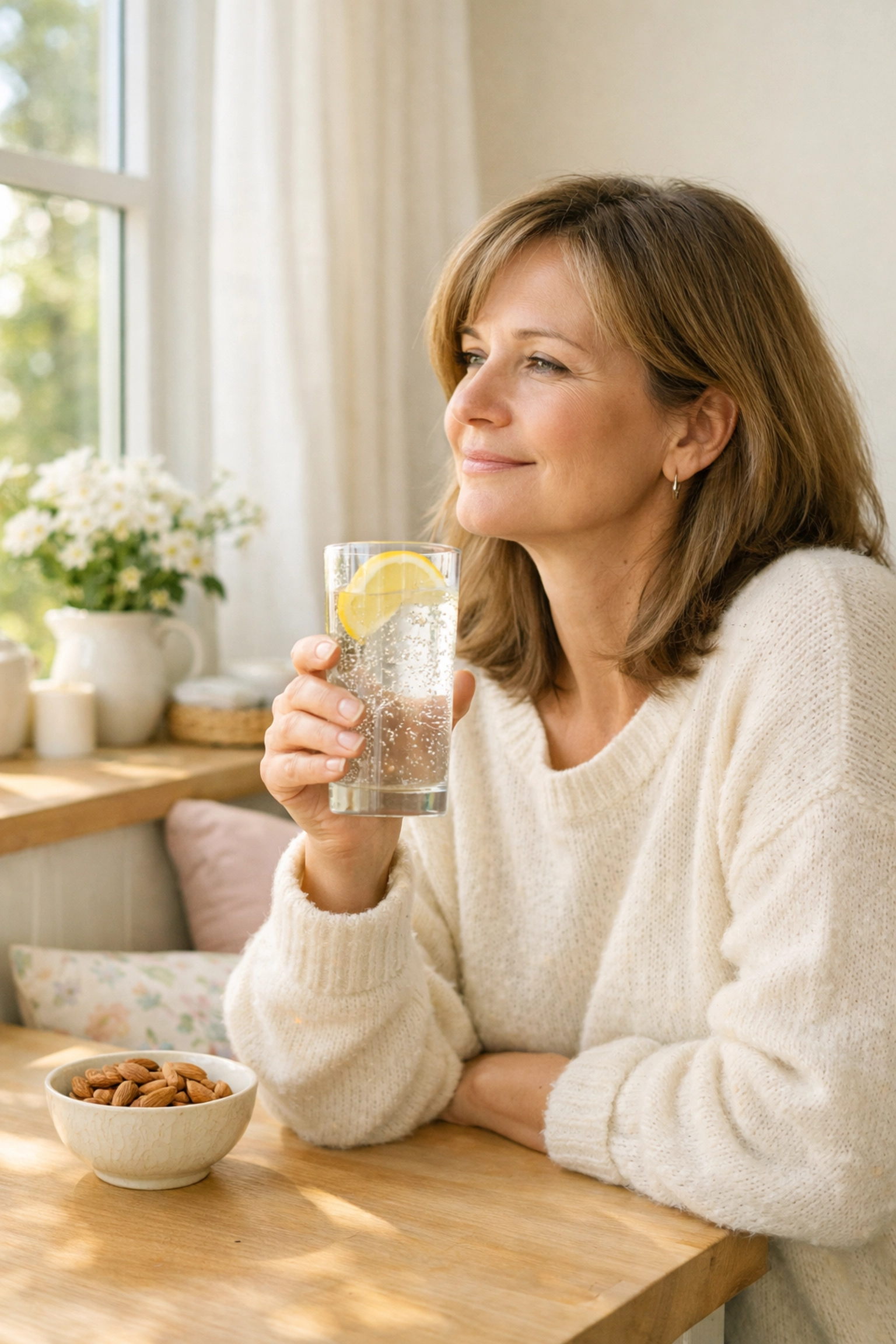 A woman in her 50s enjoying a healthy snack to prevent stress eating weight loss challenges in menopause.