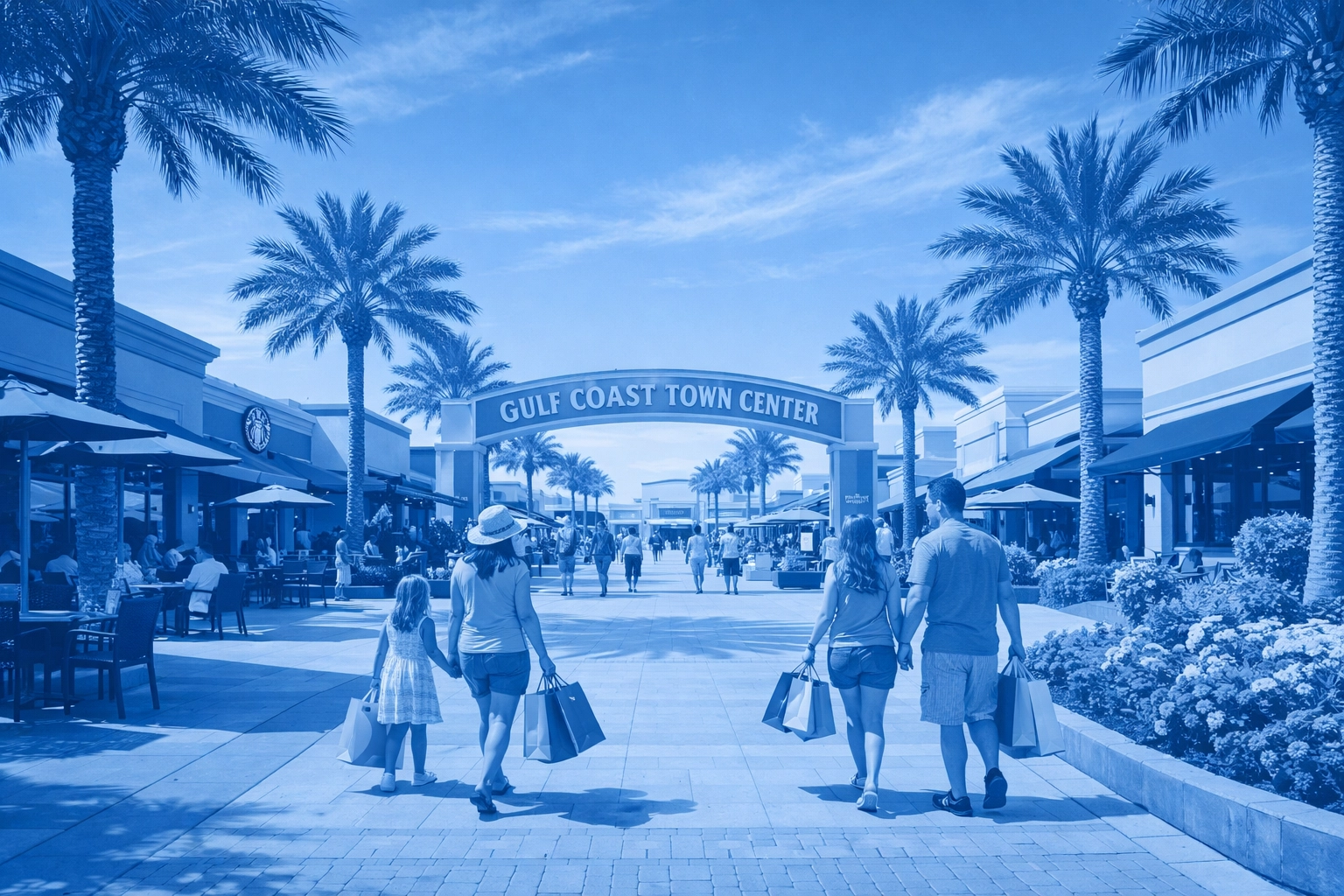 Gulf Coast Town Center open-air shopping plaza with families and tropical landscaping in Fort Myers
