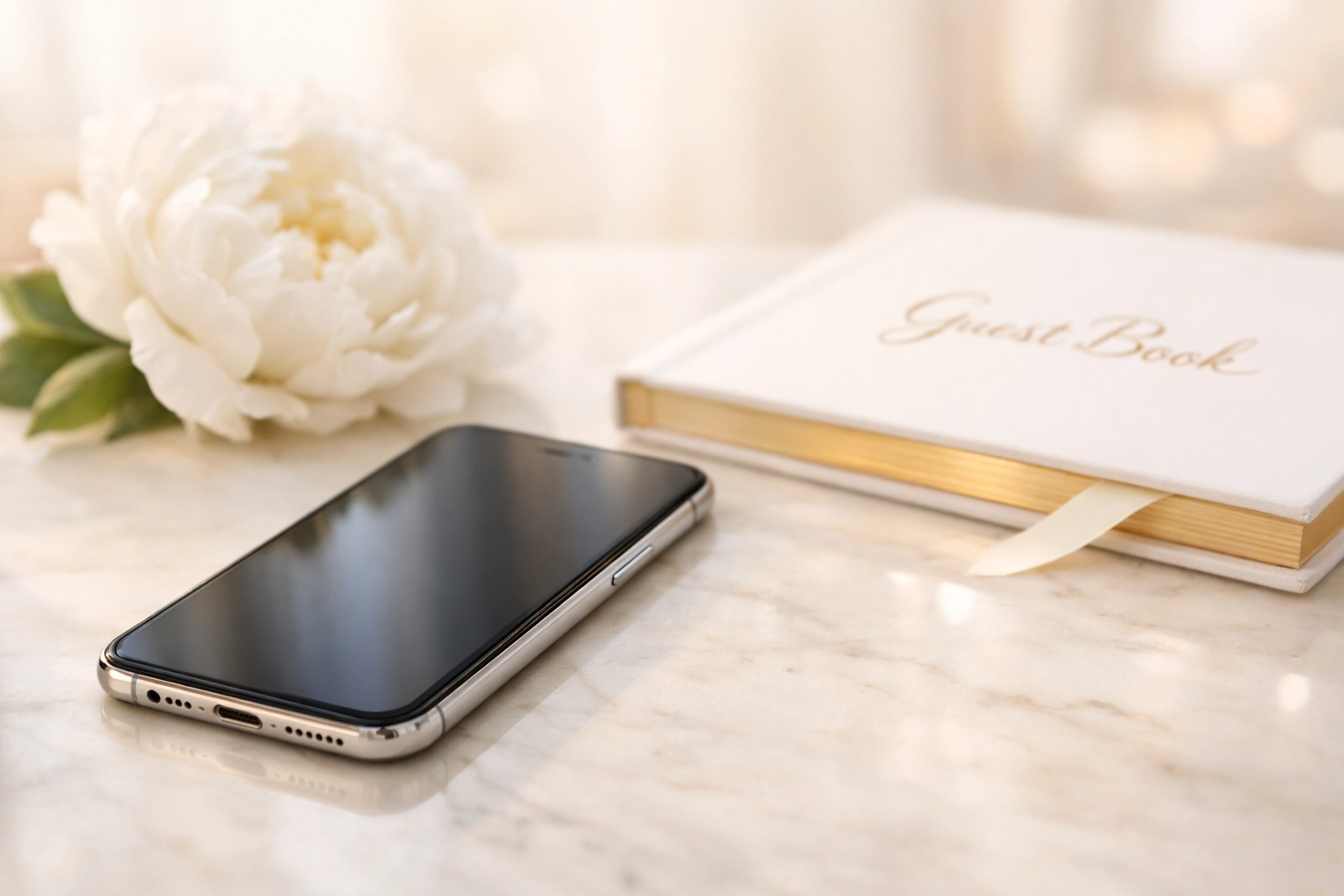 Modern smartphone and floral accents representing digital wedding invitations and RSVP tracking.