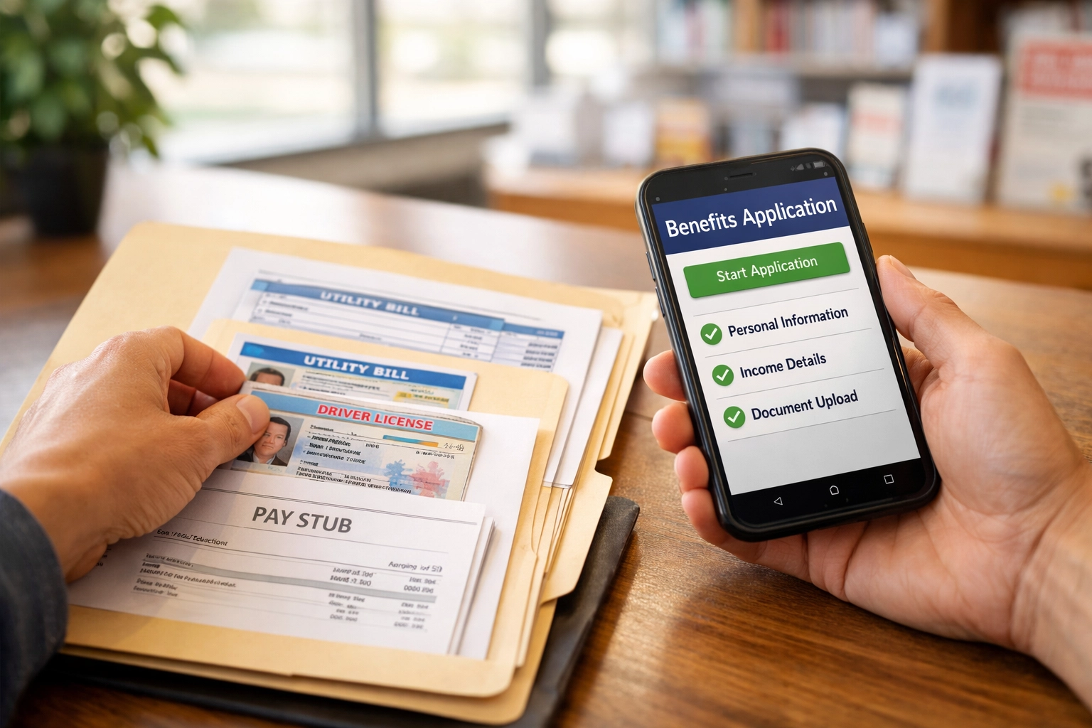 A family applying for New Jersey assistance programs using a smartphone and organized documents.