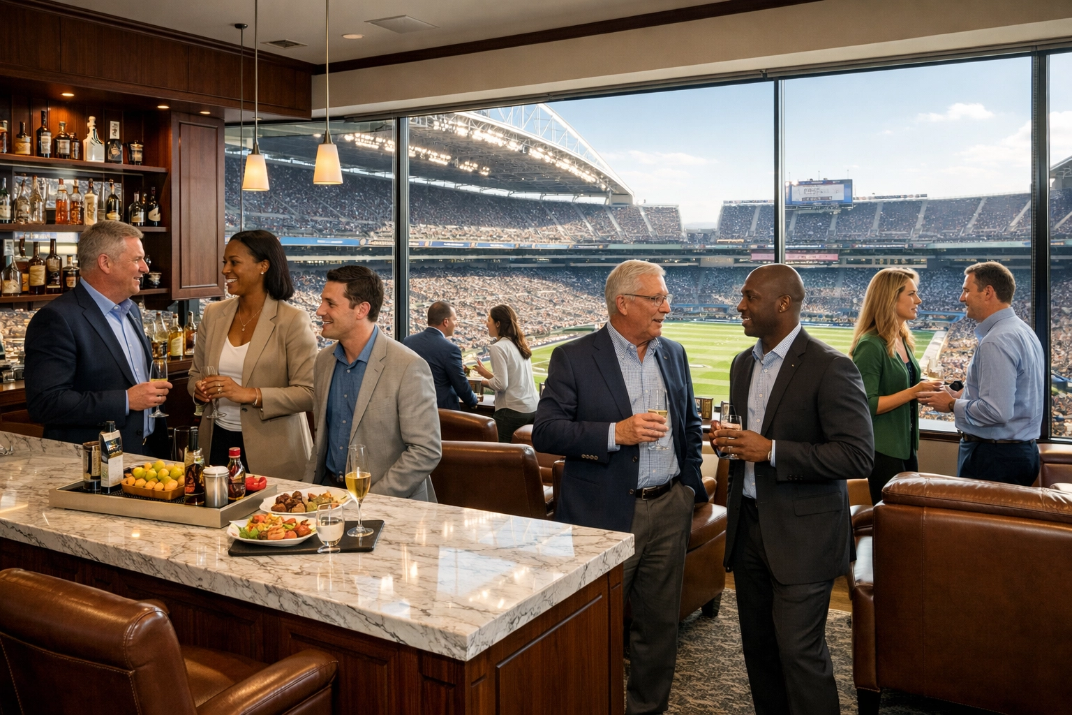 Corporate leaders networking in a luxury stadium suite to secure million-dollar business partnerships.