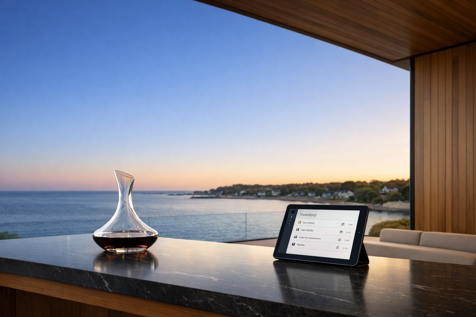 Digital wine inventory management on a tablet in a luxury tasting room overlooking the shoreline.