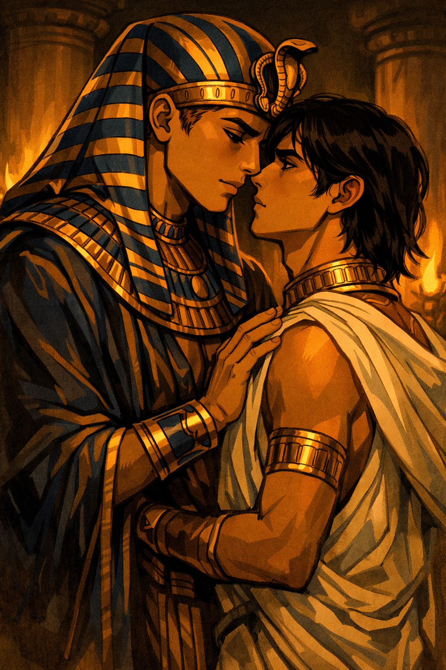 Two men in Egyptian royal attire in intimate moment, pharaoh and consort facing each other, MM romance