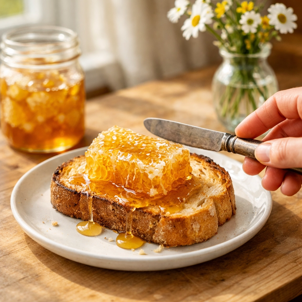 Golden honeycomb chunk spread on artisan toast with raw honey for breakfast