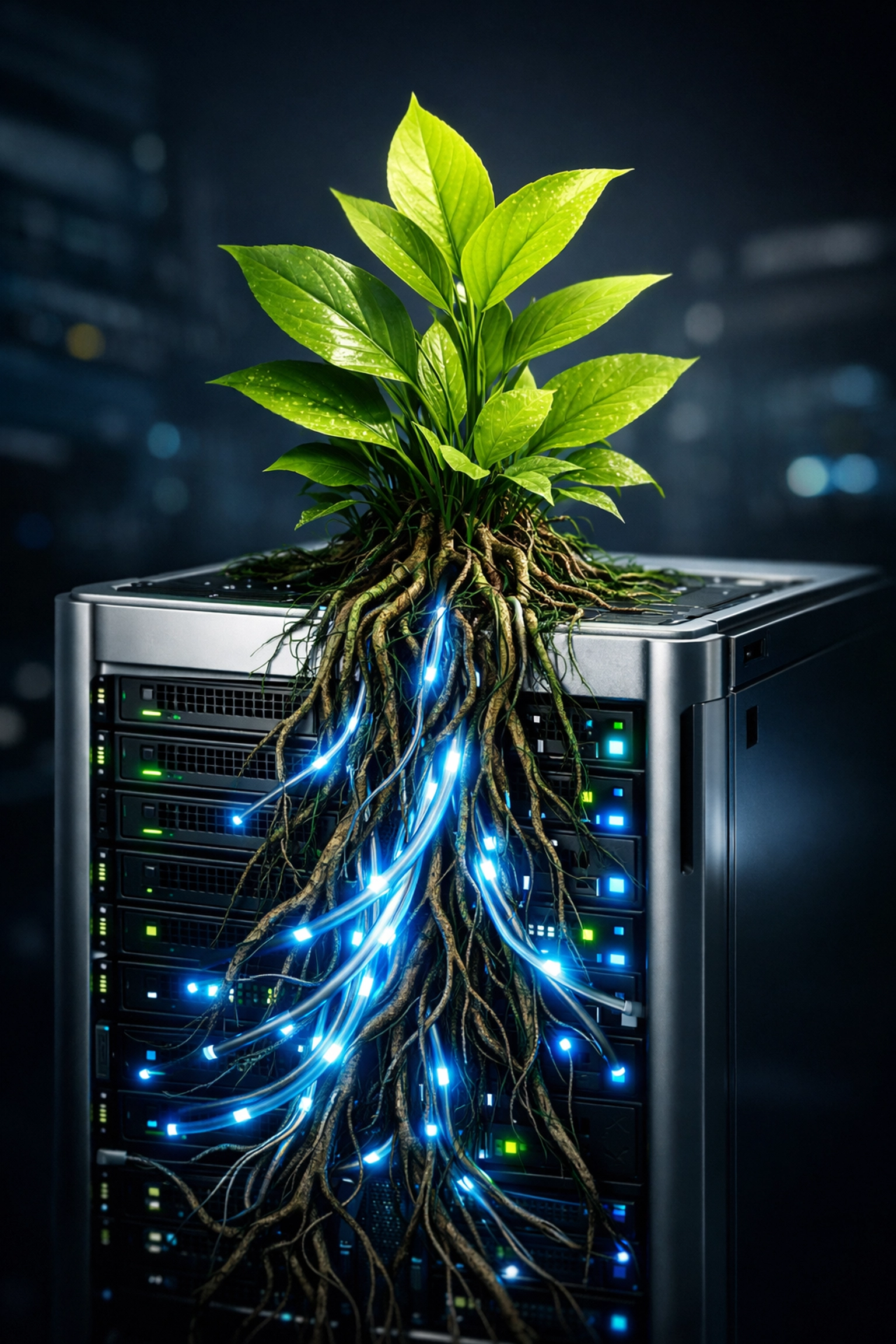 A plant growing from a server rack, representing scaling a blog business with professional web hosting.