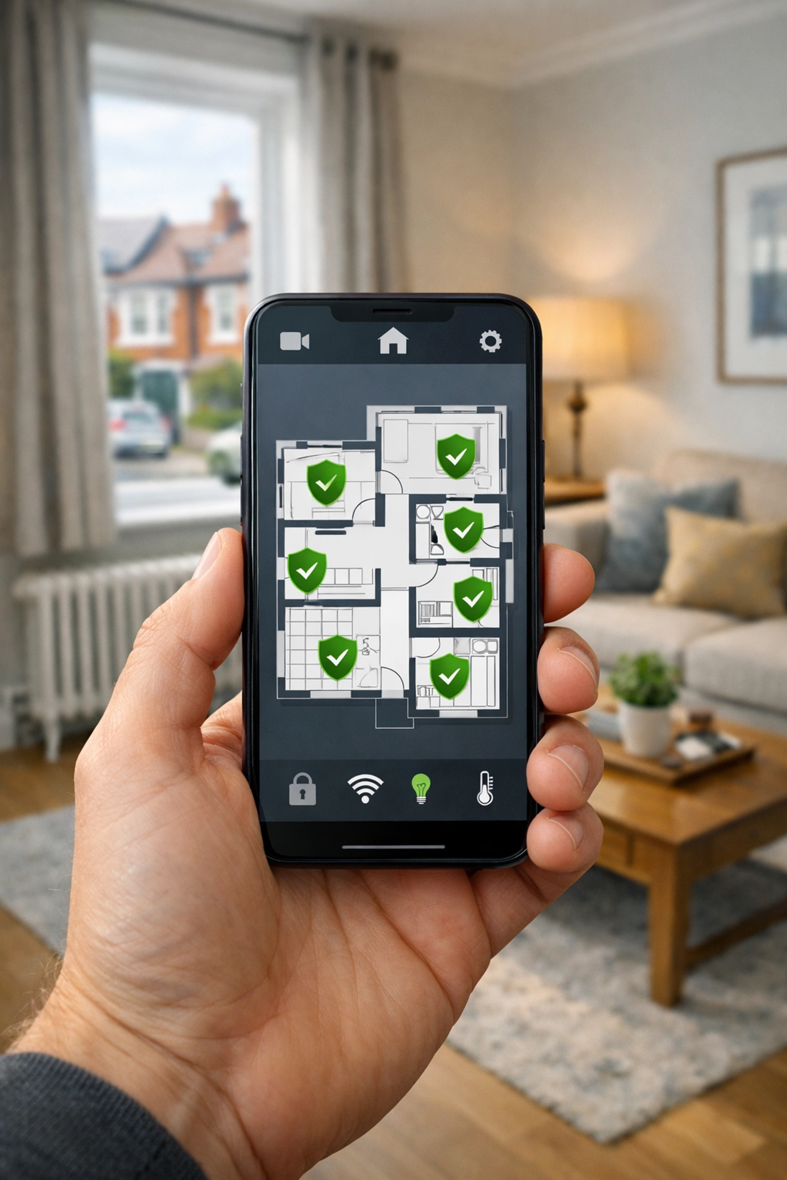 Homeowner using a smartphone app to control a smart home security system in a UK living room.