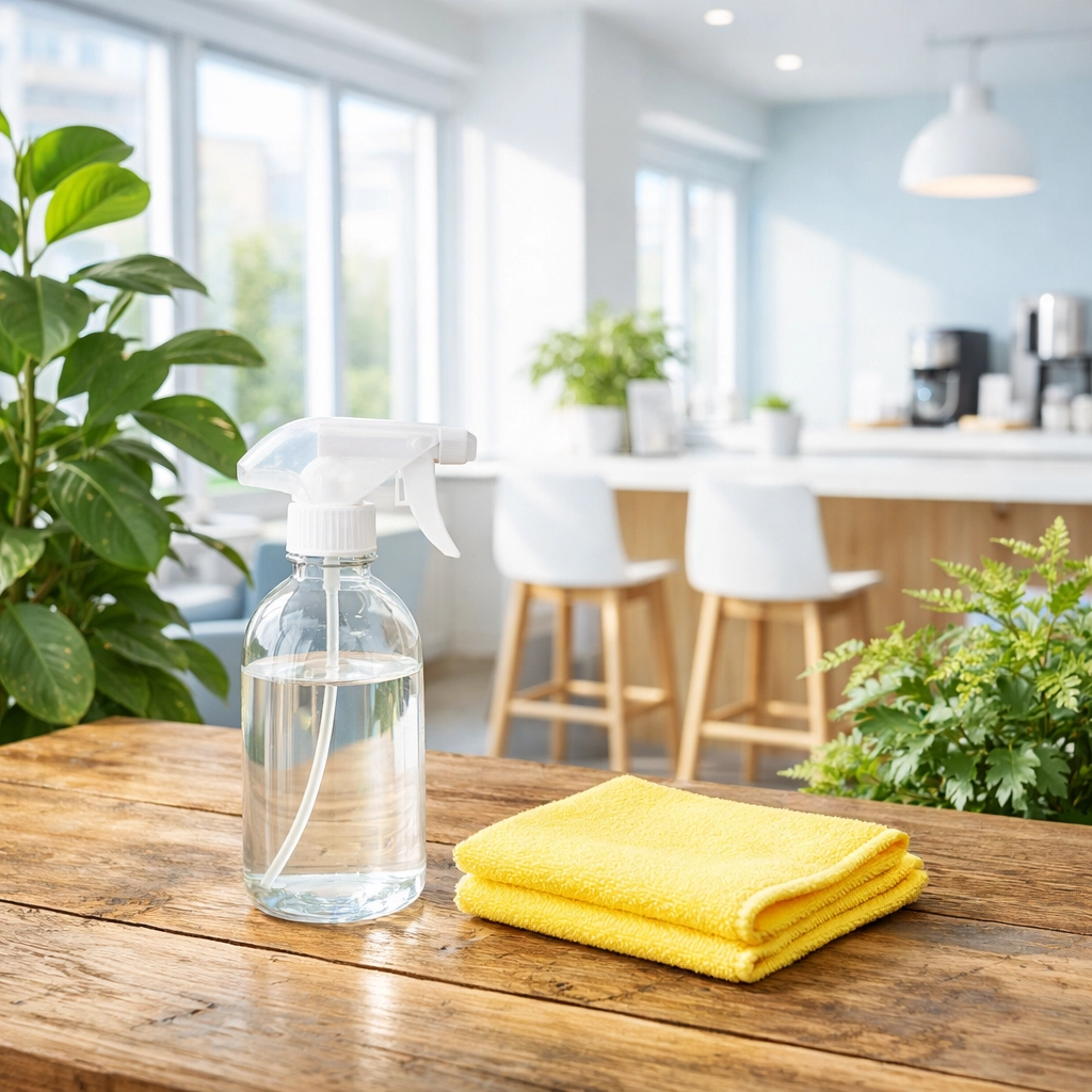Eco-friendly janitorial supplies in a clean, sunlit Westborough office breakroom.