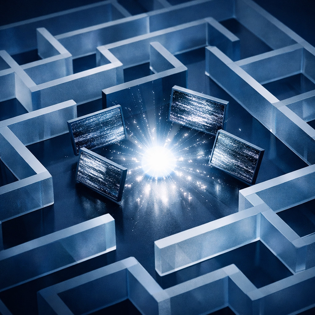 A bright light representing a new lead navigating a complex digital maze to find a business online.