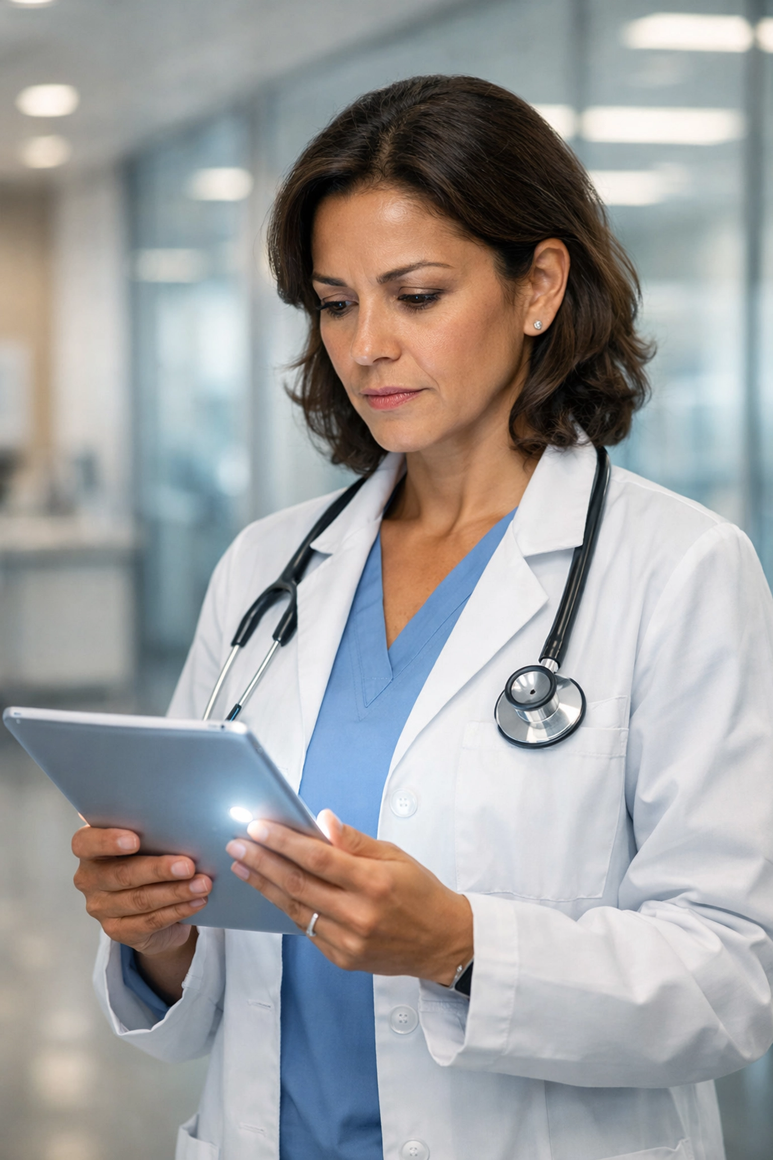 Physician using a digital tablet for automated prior authorization in a modern hospital corridor.