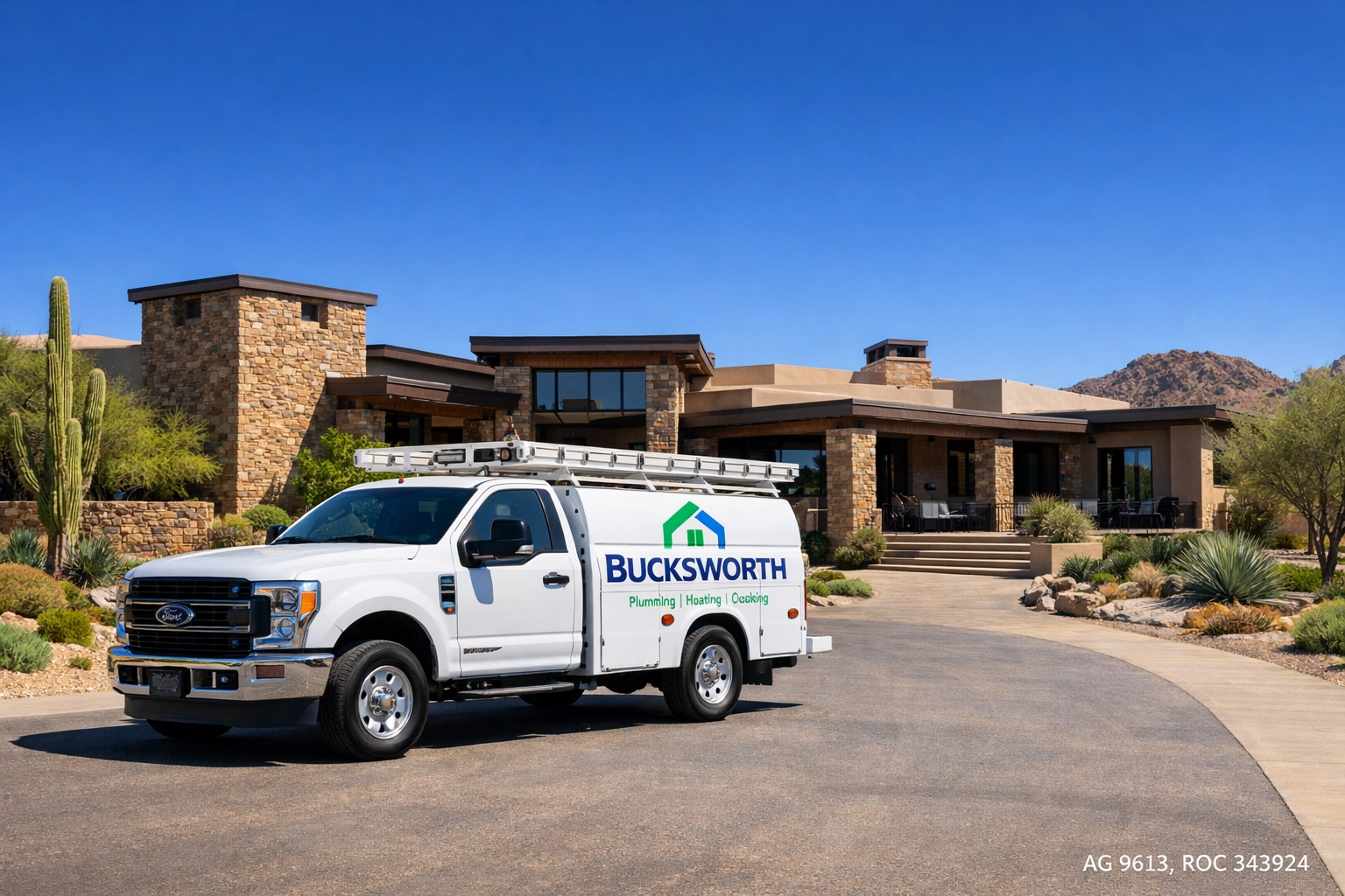 Branded Bucksworth service truck providing pest control at a high-end Paradise Valley AZ home in ZIP code 85253.