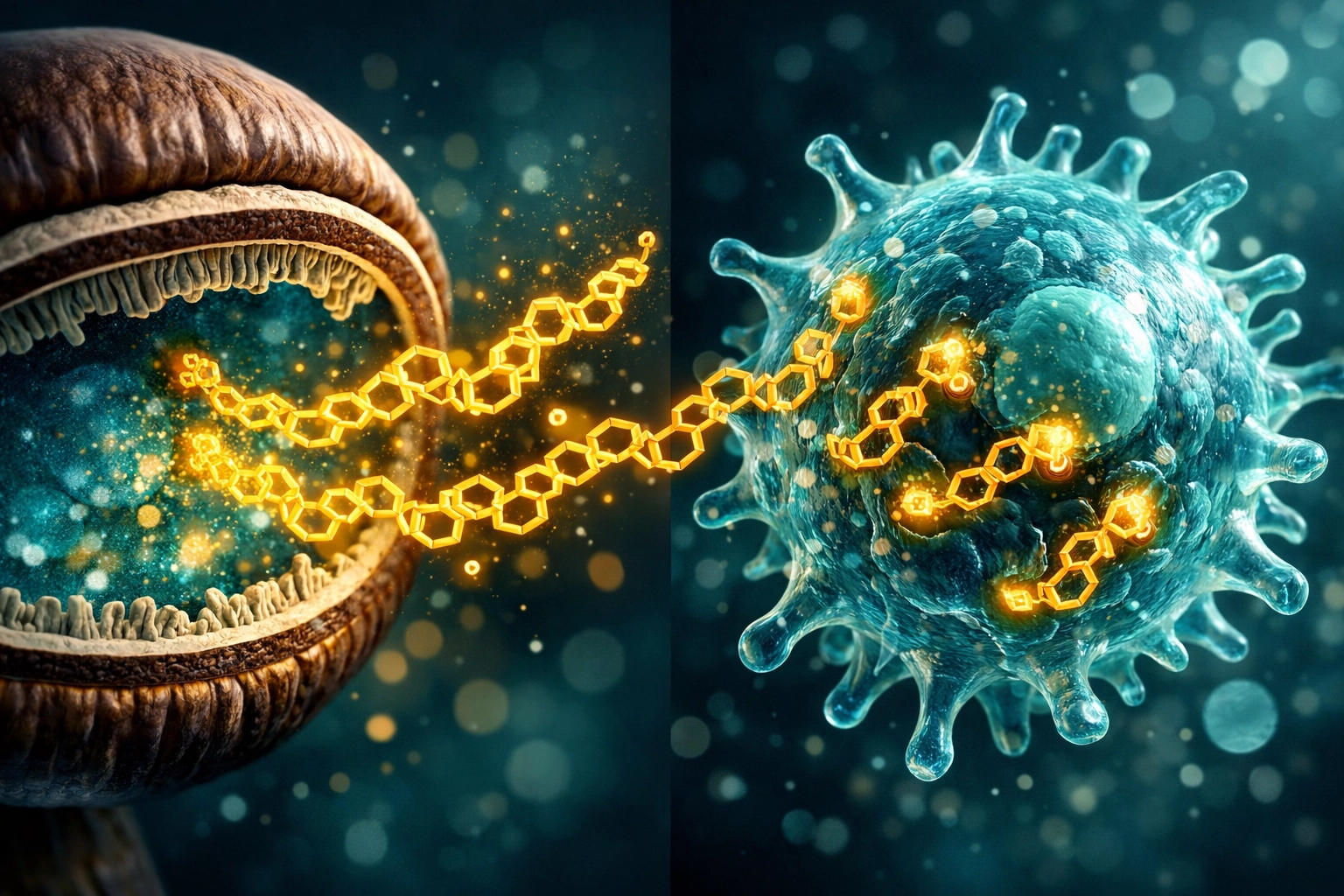 Microscopic visualization of mushroom beta-glucans activating human immune cells for better defense.