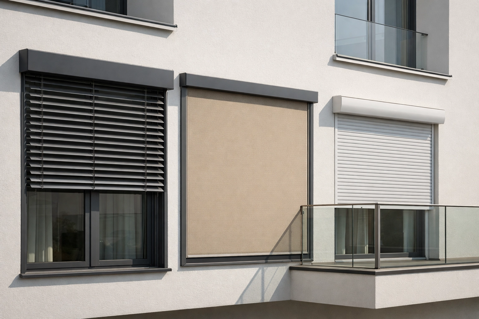 Außenliegender Sonnenschutz Wien: Raffstores, Zip-Screens und Rollläden an moderner Fassade