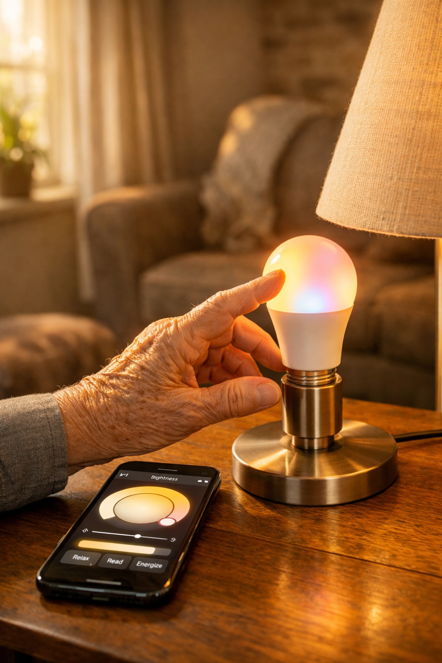 Senior controlling smart light bulb with smartphone app for convenient fall prevention lighting