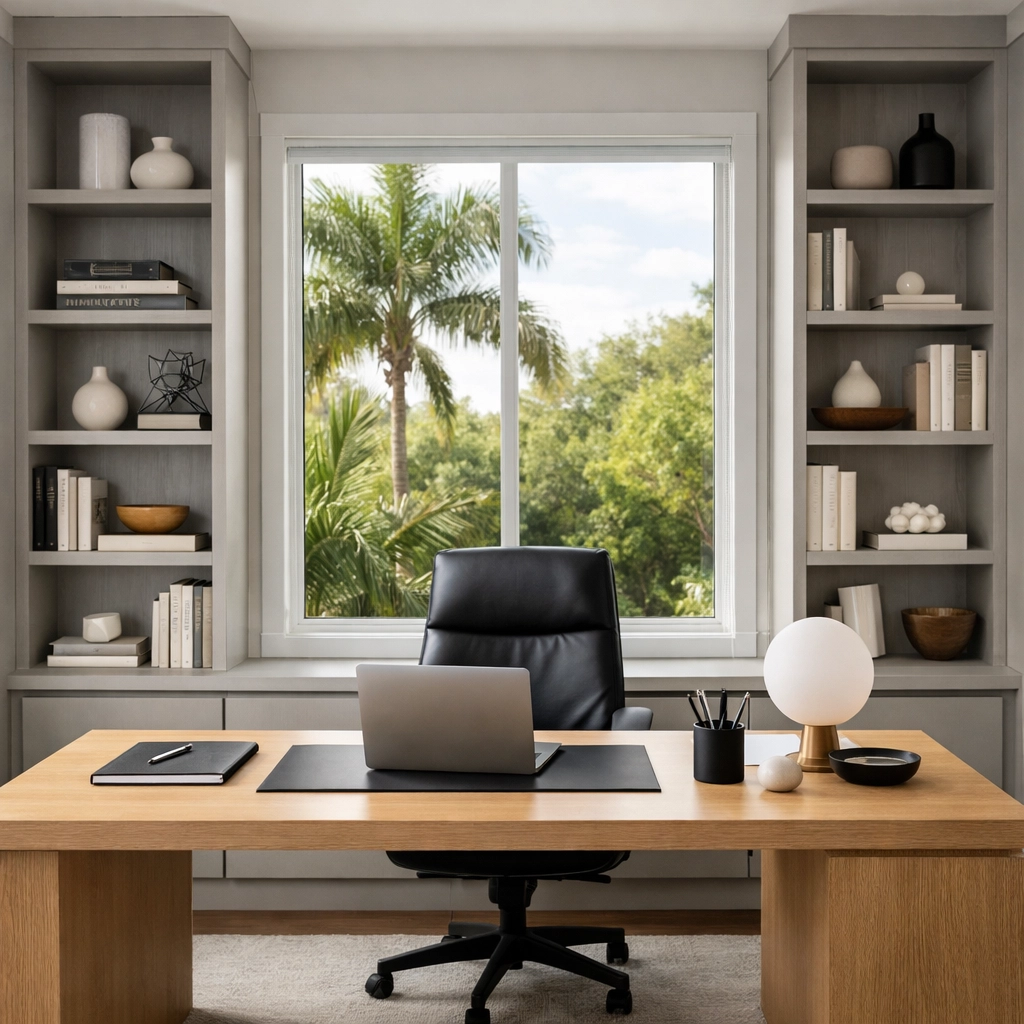 Modern Orlando home office renovation featuring custom bookshelves and a bright, serene workspace.