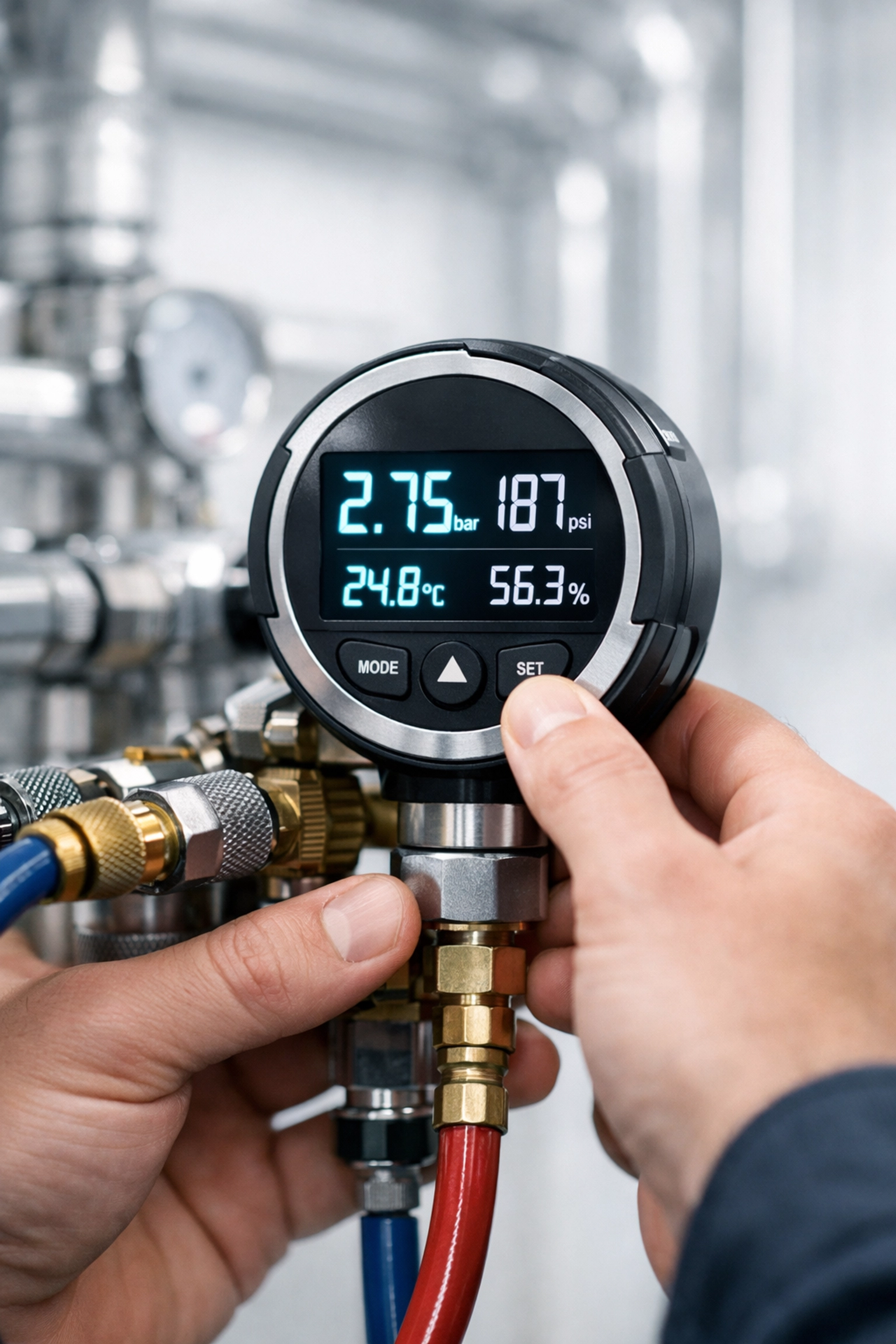 Professional plumber using a digital gauge for pressure testing to mitigate risks in commercial construction.
