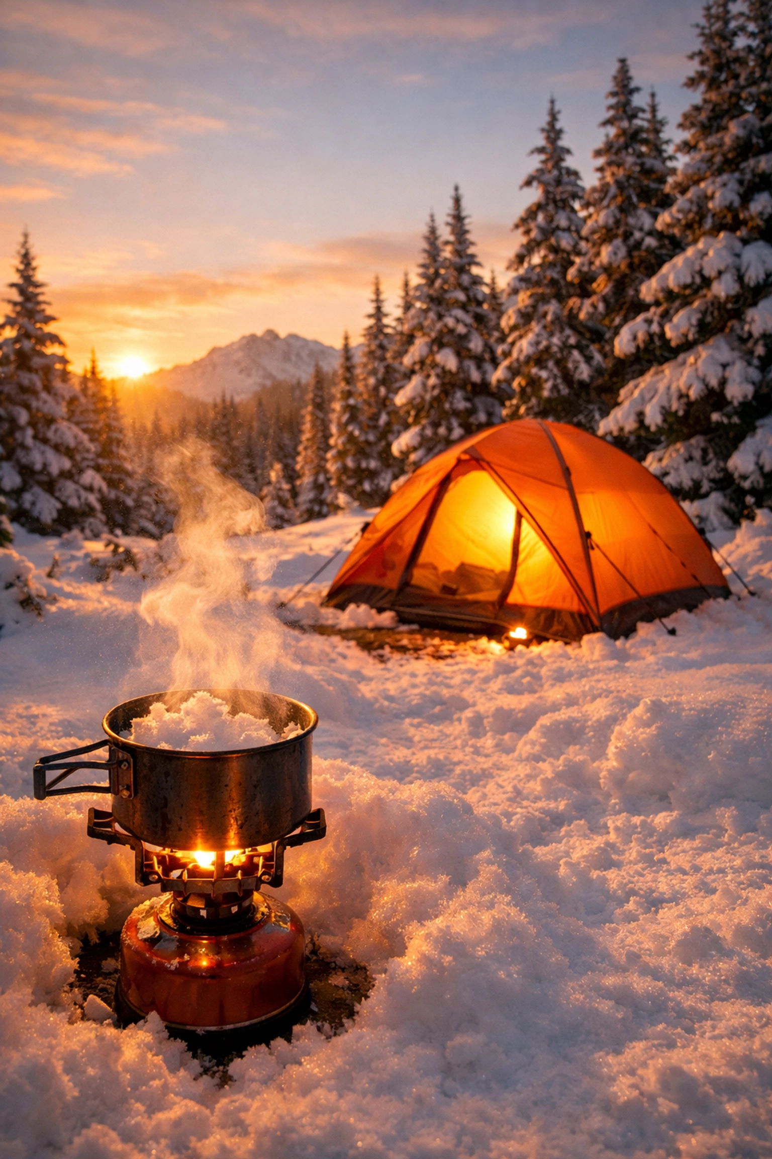 Winter camping UK tent with stove melting snow for safe drinking water