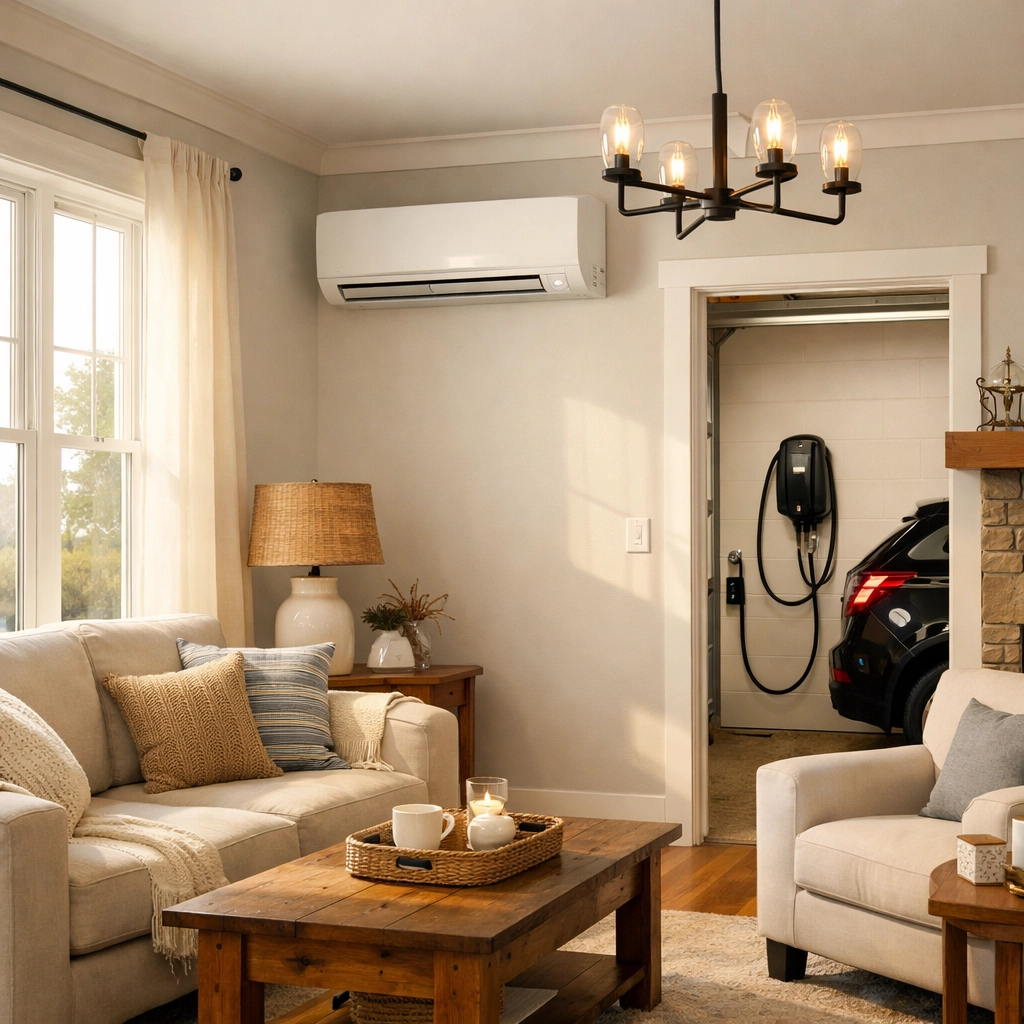 Modern Maine home interior with electrical upgrades including mini-split and EV charger