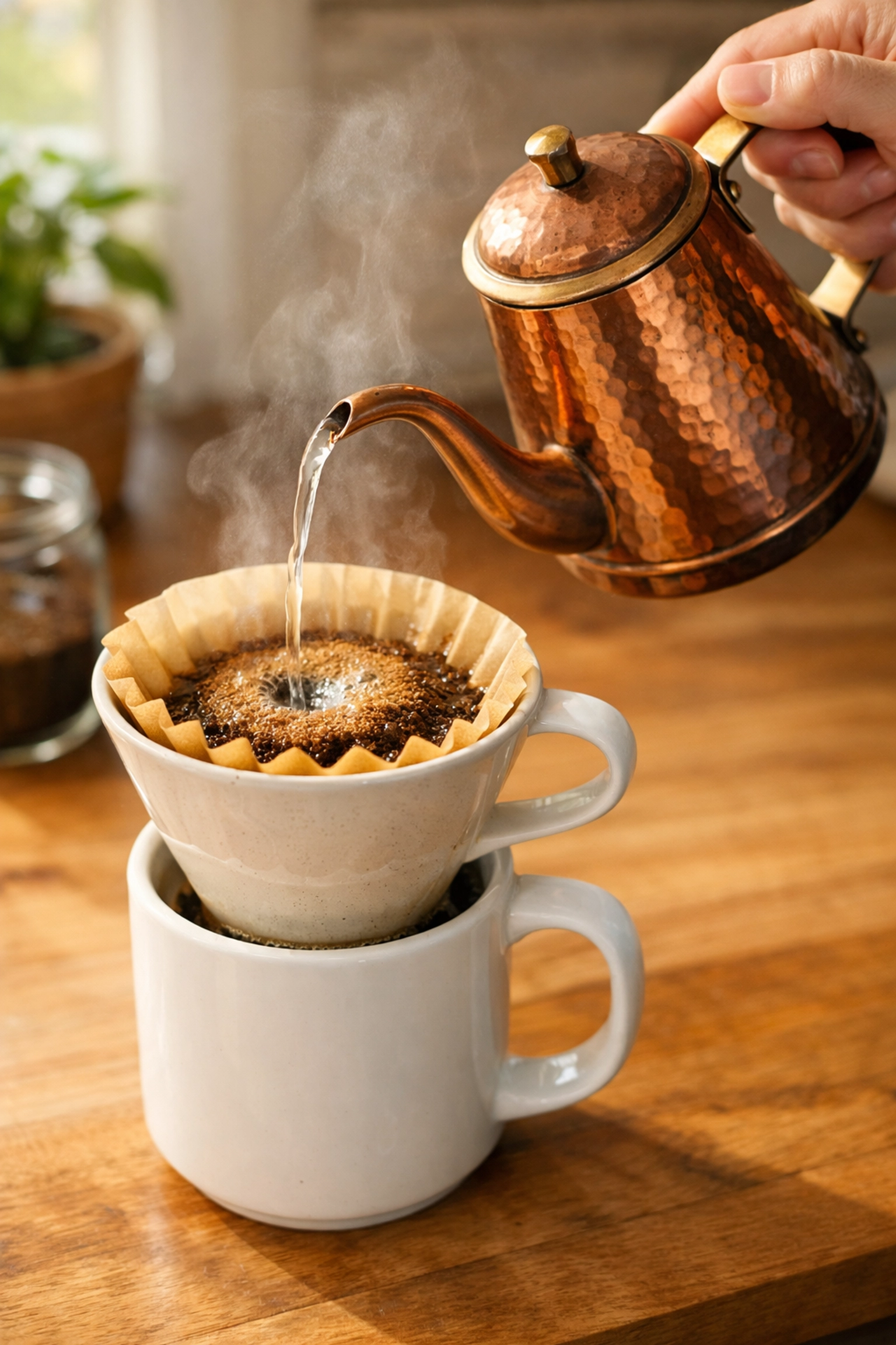 Pour-over coffee brewing method with light roast grounds and kettle