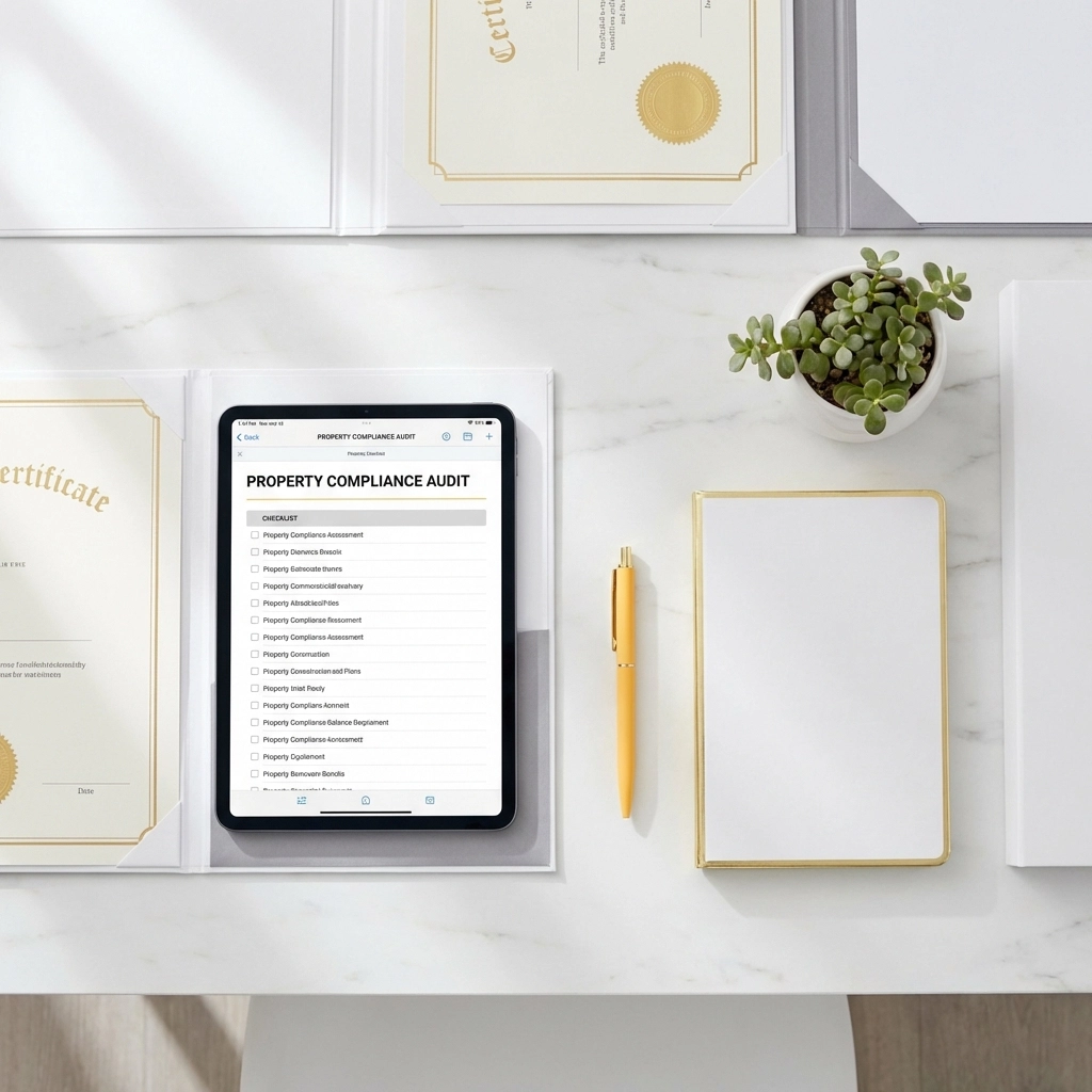 Organised desk with compliance checklists and certificates, highlighting property documentation standards.