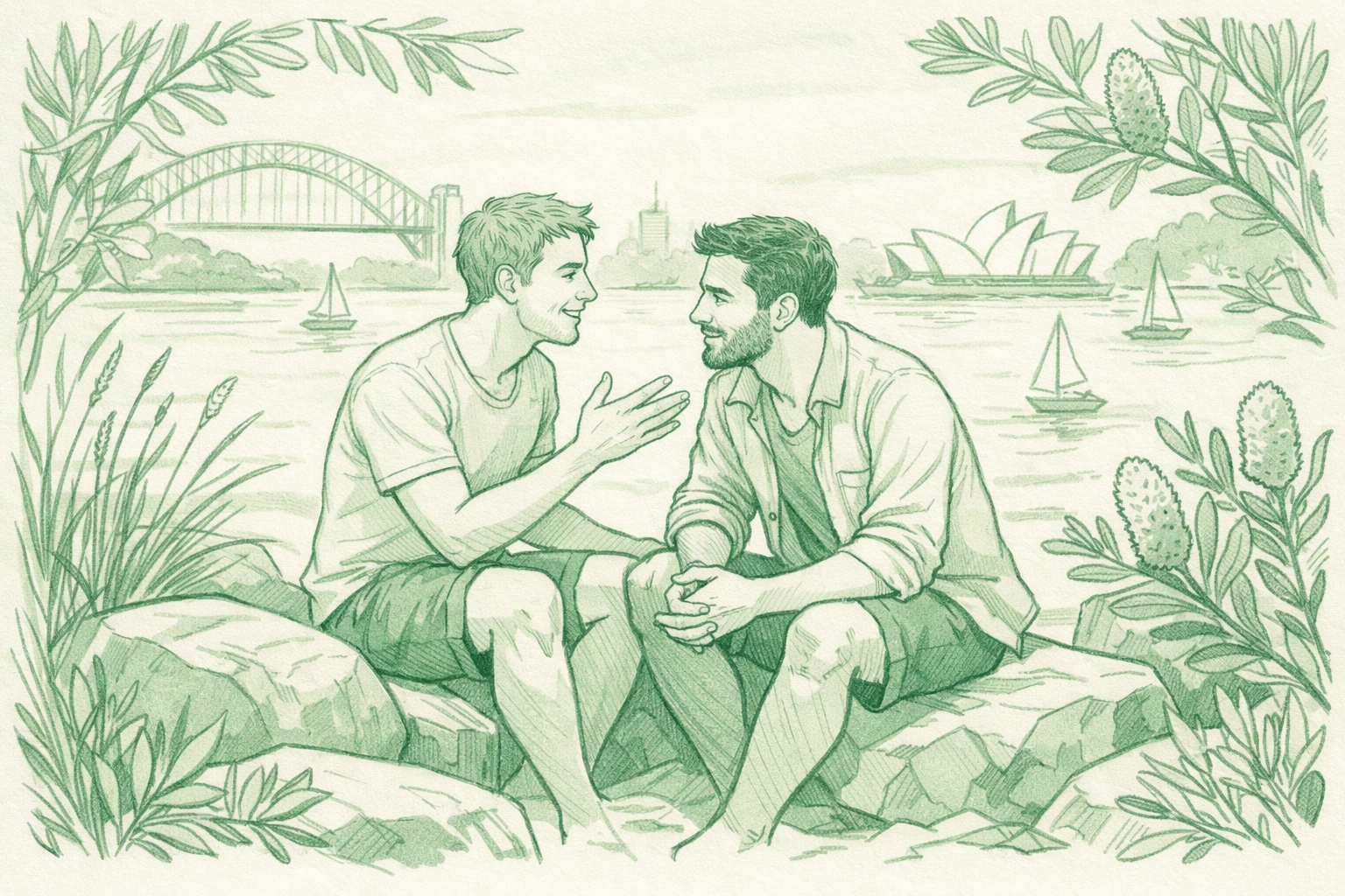 Gay couple in intimate conversation at Barangaroo Reserve overlooking Sydney Harbor