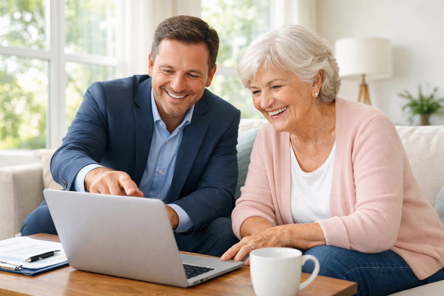 Local Medicare expert explaining enrollment options to a woman turning 65 in her Fort Myers home.