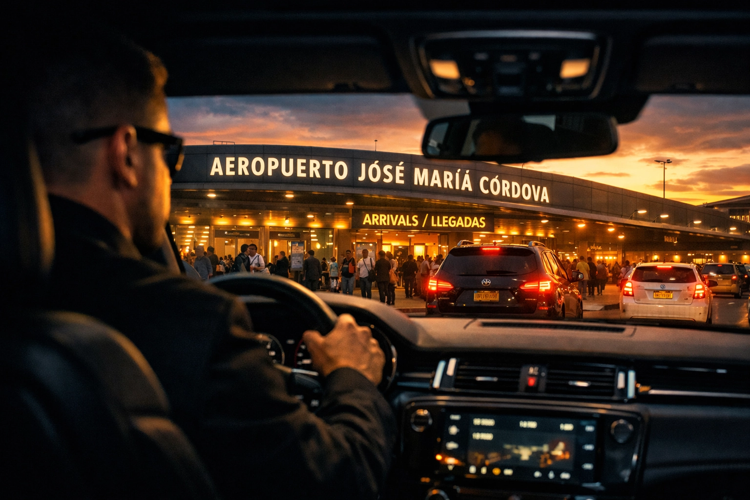 Professional security driver at Medellin airport providing secure VIP transportation services