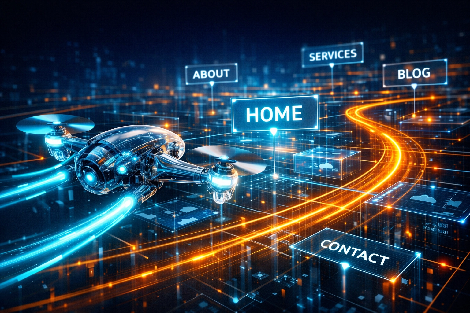 Digital drone mapping a website structure to improve SEO crawlability and indexation.