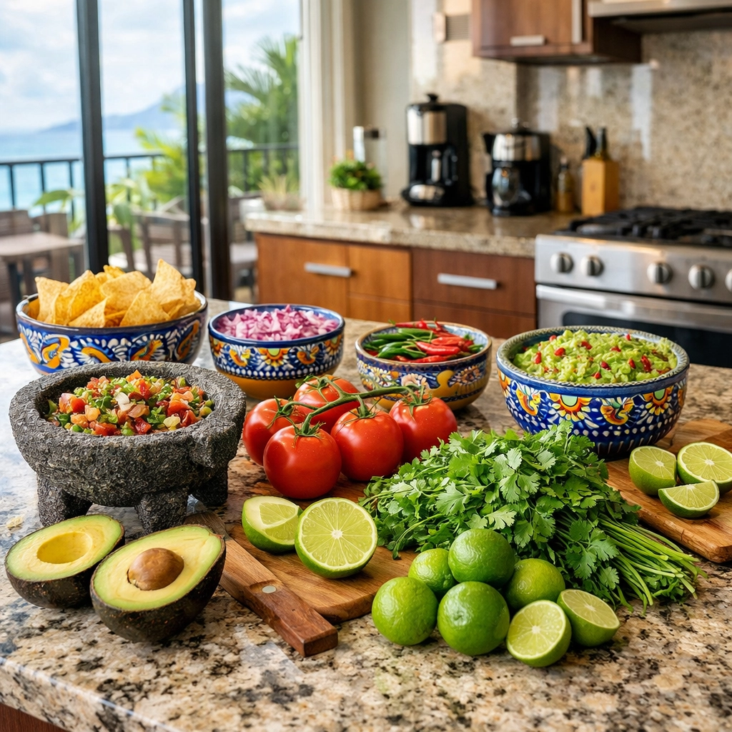 Puerto Vallarta condo kitchen with fresh local ingredients and Talavera bowls