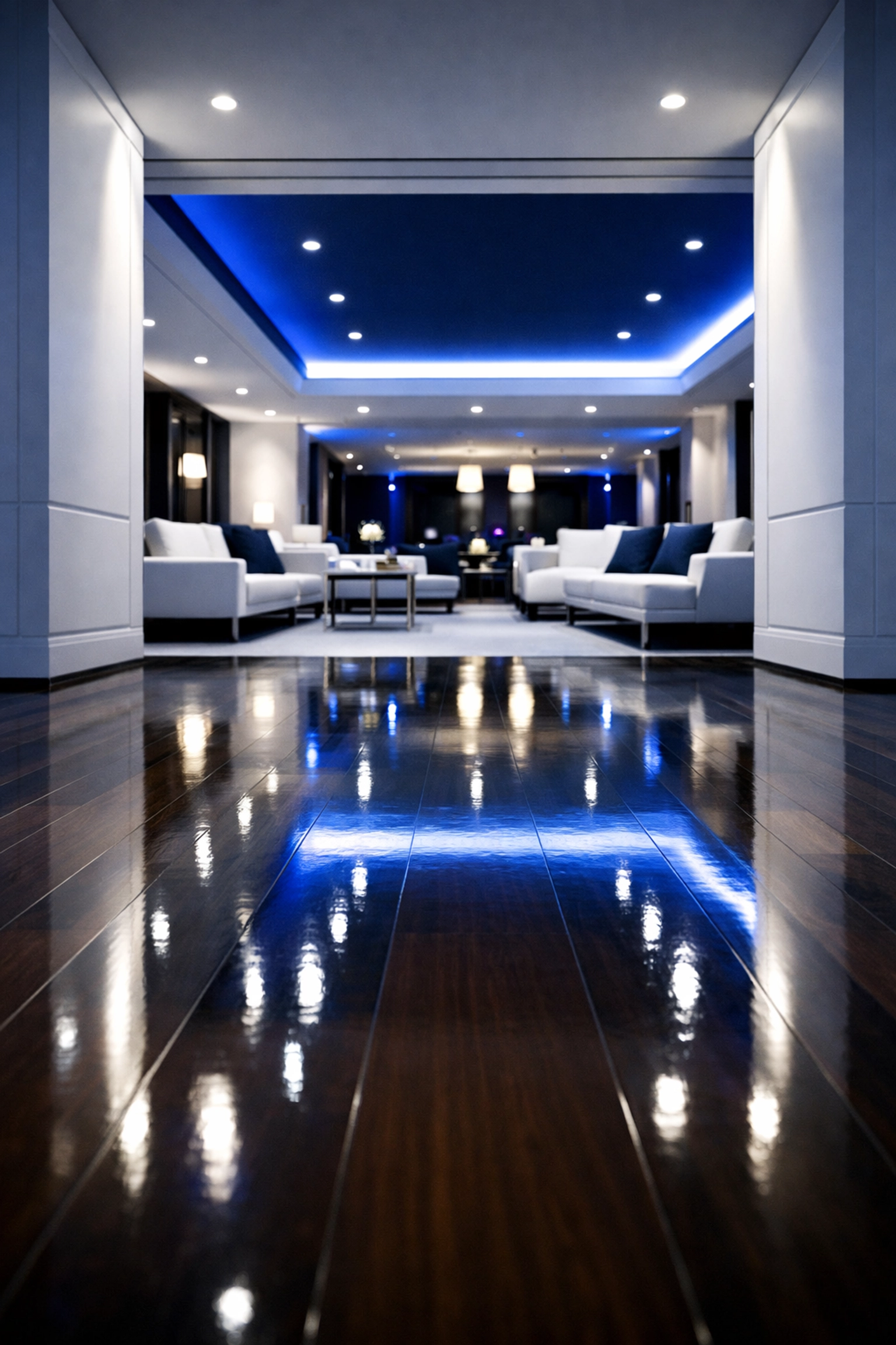 Sparkling clean hardwood floors in a modern venue following a professional post-event blitz.