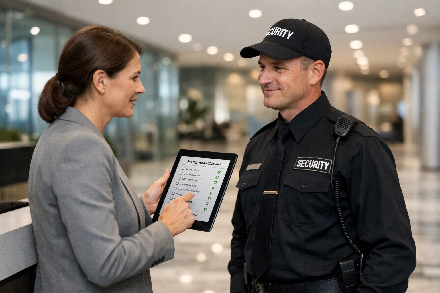 Professional security supervisor reviewing a site-management checklist with a uniformed guard in a lobby.